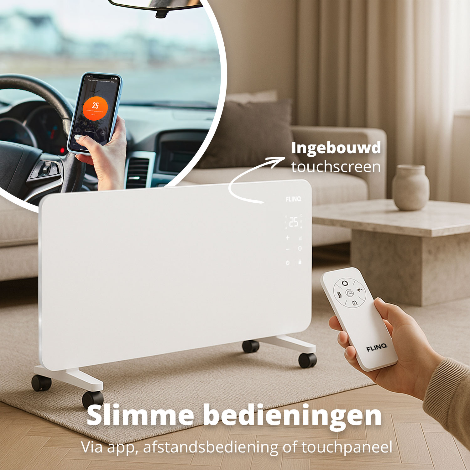 A white FLINQ heater with touchscreen and remote control. A phone in a car shows 25 degrees. Text: Smart controls via app, remote.
