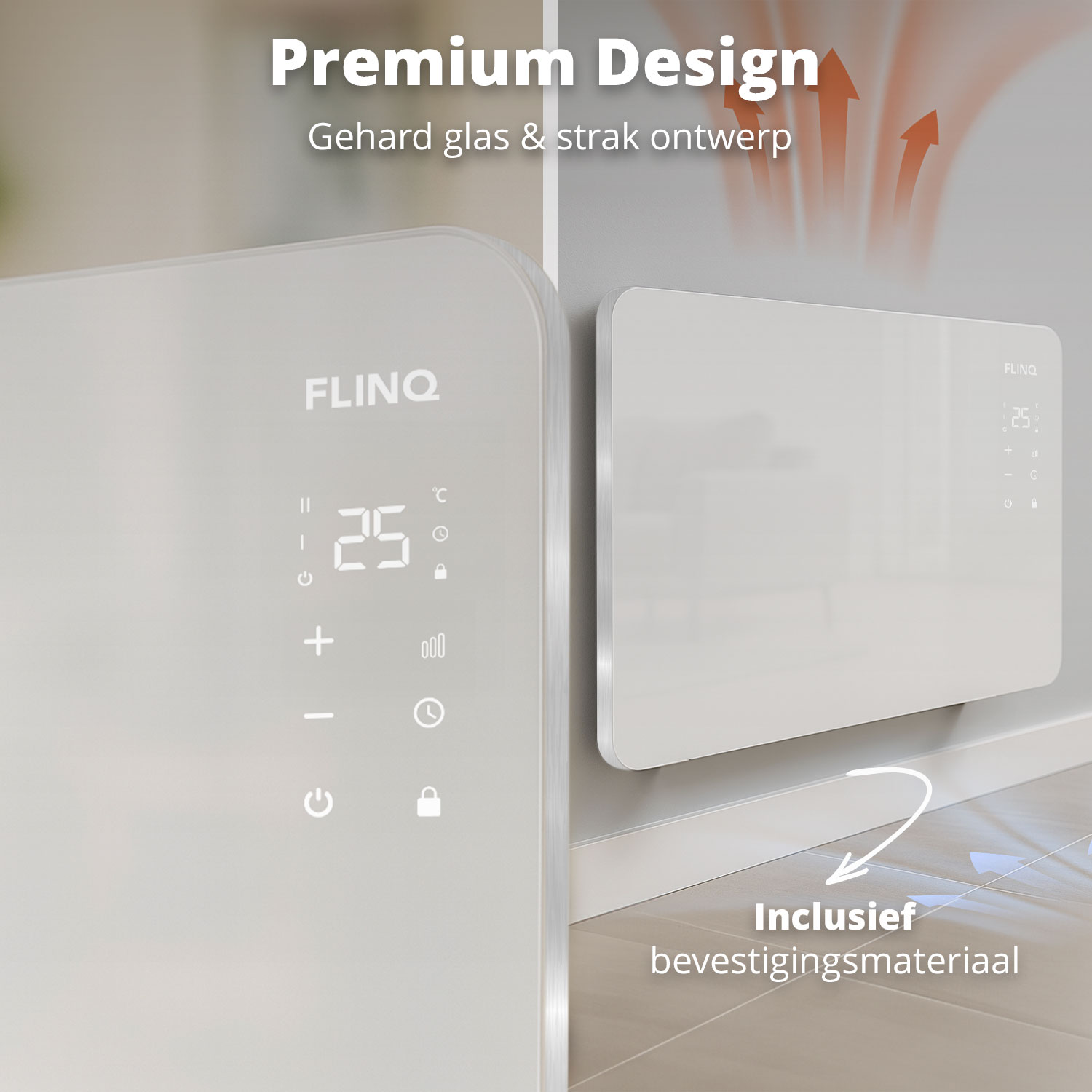 Two white FLINQ heaters, one displaying 25°C, against a gray wall. Text highlights premium design and included mounting material.