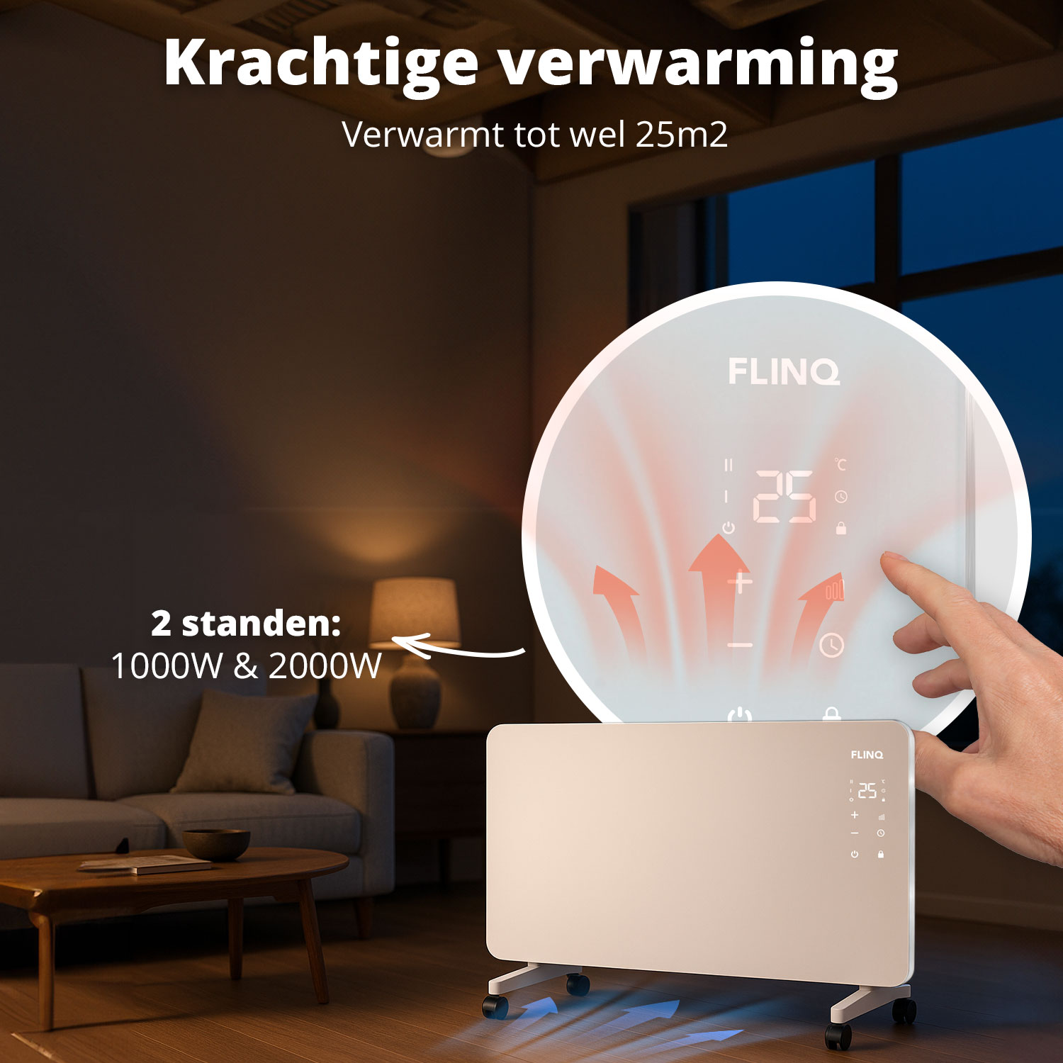 A beige Flinq heater is shown in a living room. A hand is touching the screen. Text says 'Krachtige verwarming' and '2 standen'.