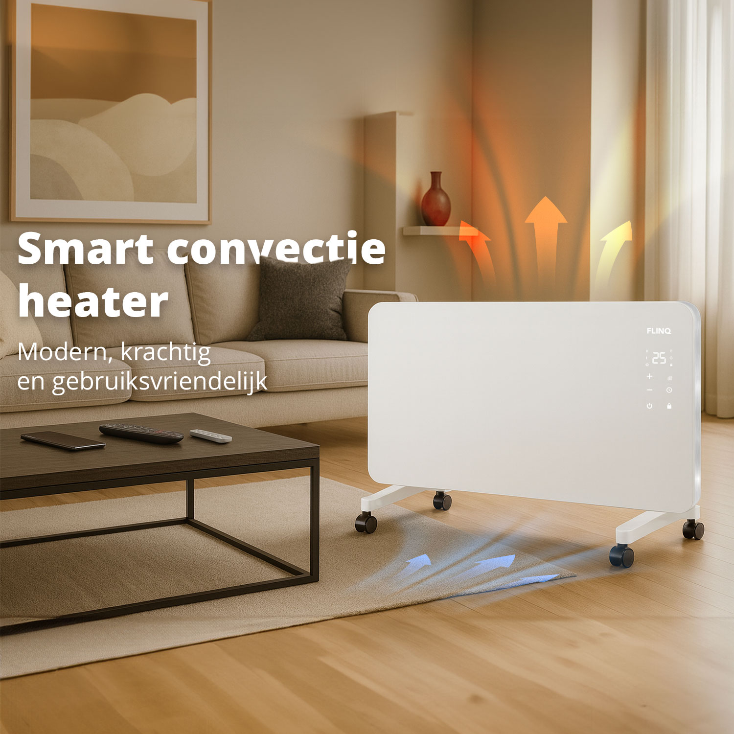 A white smart convection heater is in a living room. A sofa and coffee table with remotes are in the background.