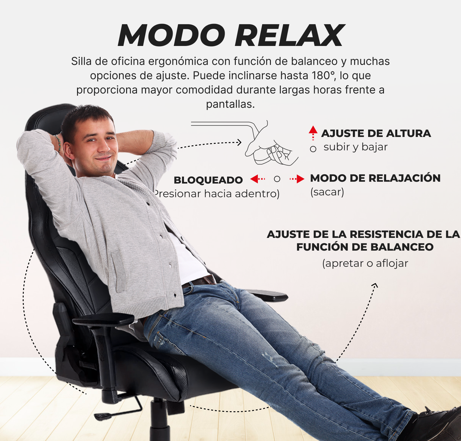 Hombre en una silla de oficina negra, relajándose con las manos detrás de la cabeza. Se muestran características de la silla y etiquetas de ajuste.