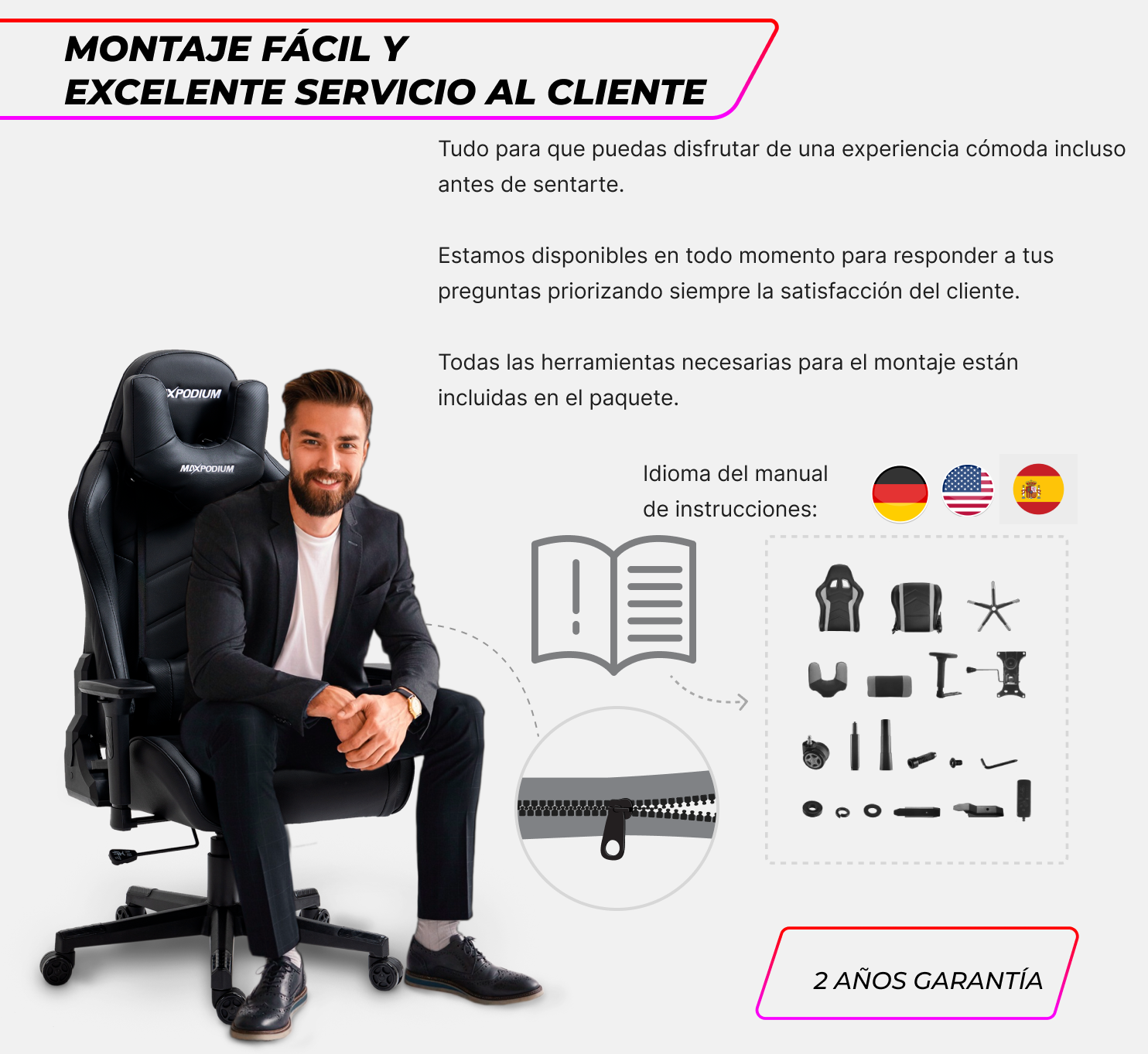 Hombre en traje sentado en silla gamer negra. Texto: 'Fácil montaje y excelente servicio al cliente'. Garantía: 2 años.