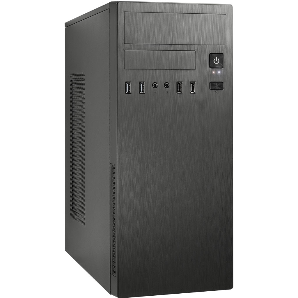 Ein dunkelgraues Computergehäuse. Es hat Strom- und USB-Anschlüsse an der Vorderseite und einen Einschaltknopf oben.