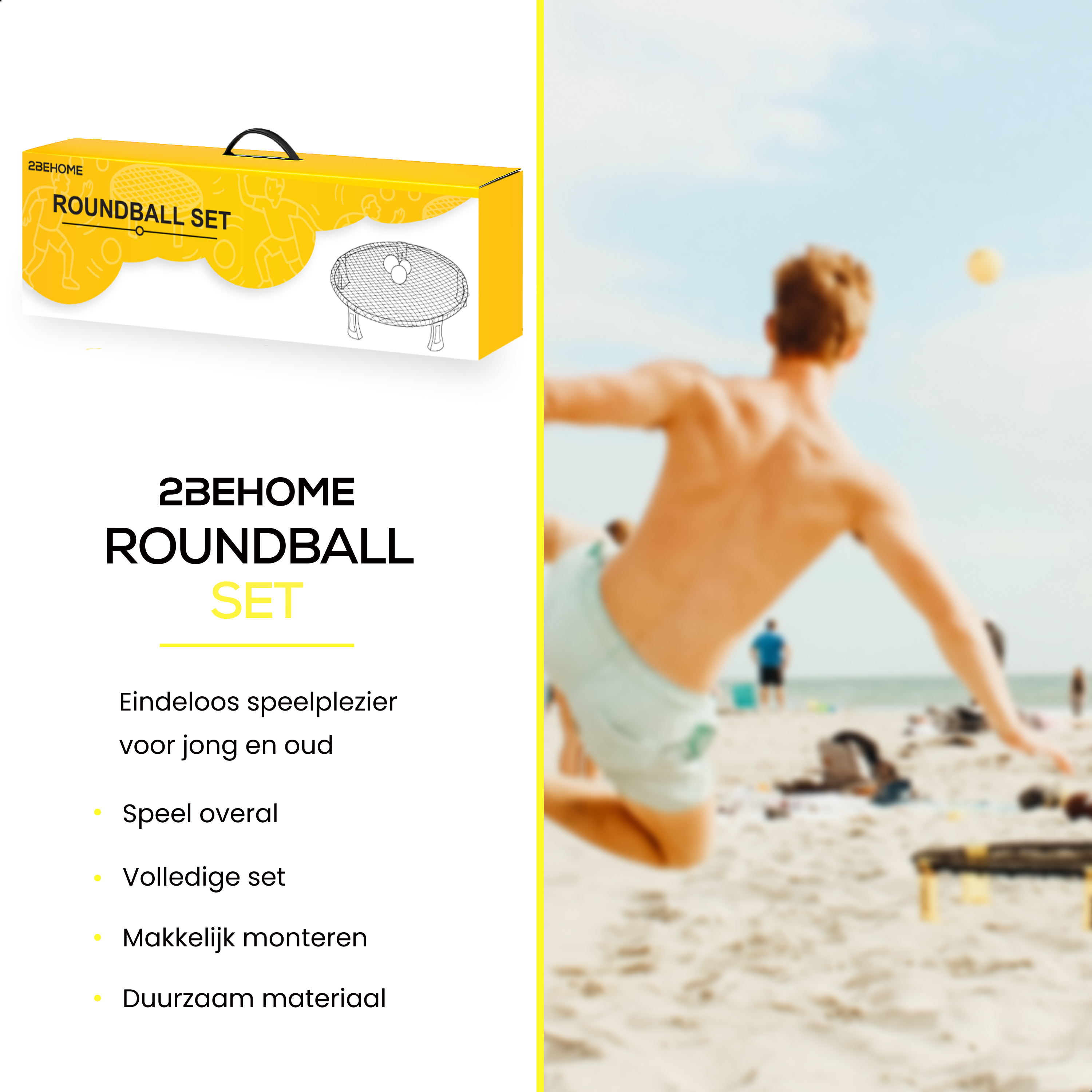 Mann springt am Strand und spielt Roundball. Gelbe Box mit Logo. Text: ROUNDBALL SET.