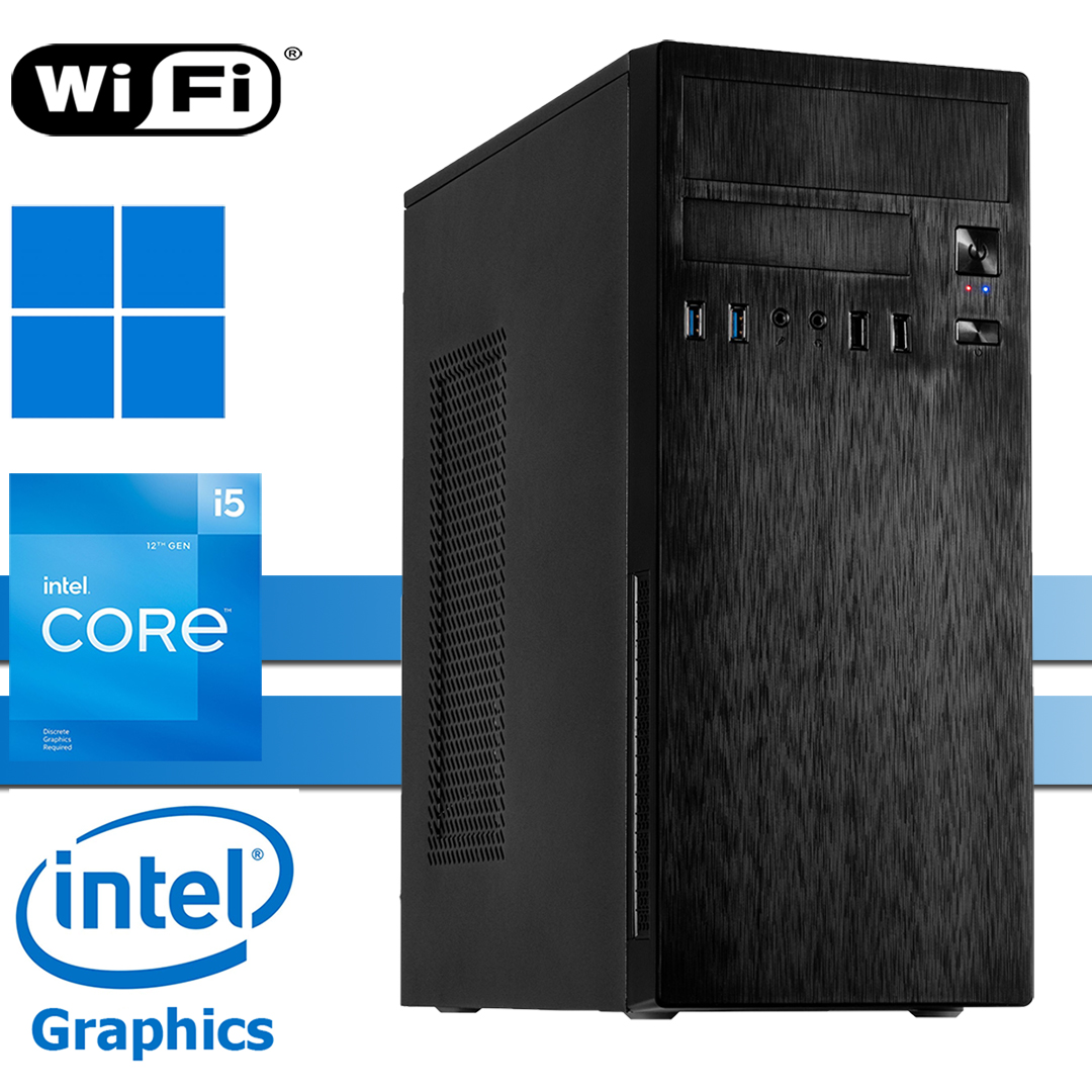 Ein schwarzer Computerturm mit Intel Core i5 und Graphics Logos. Windows- und Wi-Fi-Logos sind ebenfalls vorhanden.