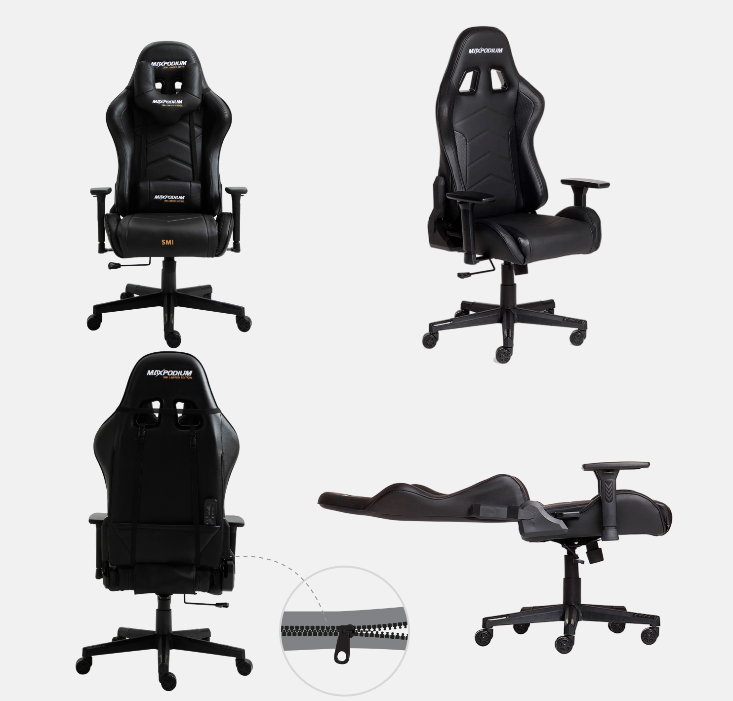 Cuatro vistas de una silla gamer negra con la marca MAXPODIUM. Incluye reposabrazos, base de cinco estrellas y reposacabezas.