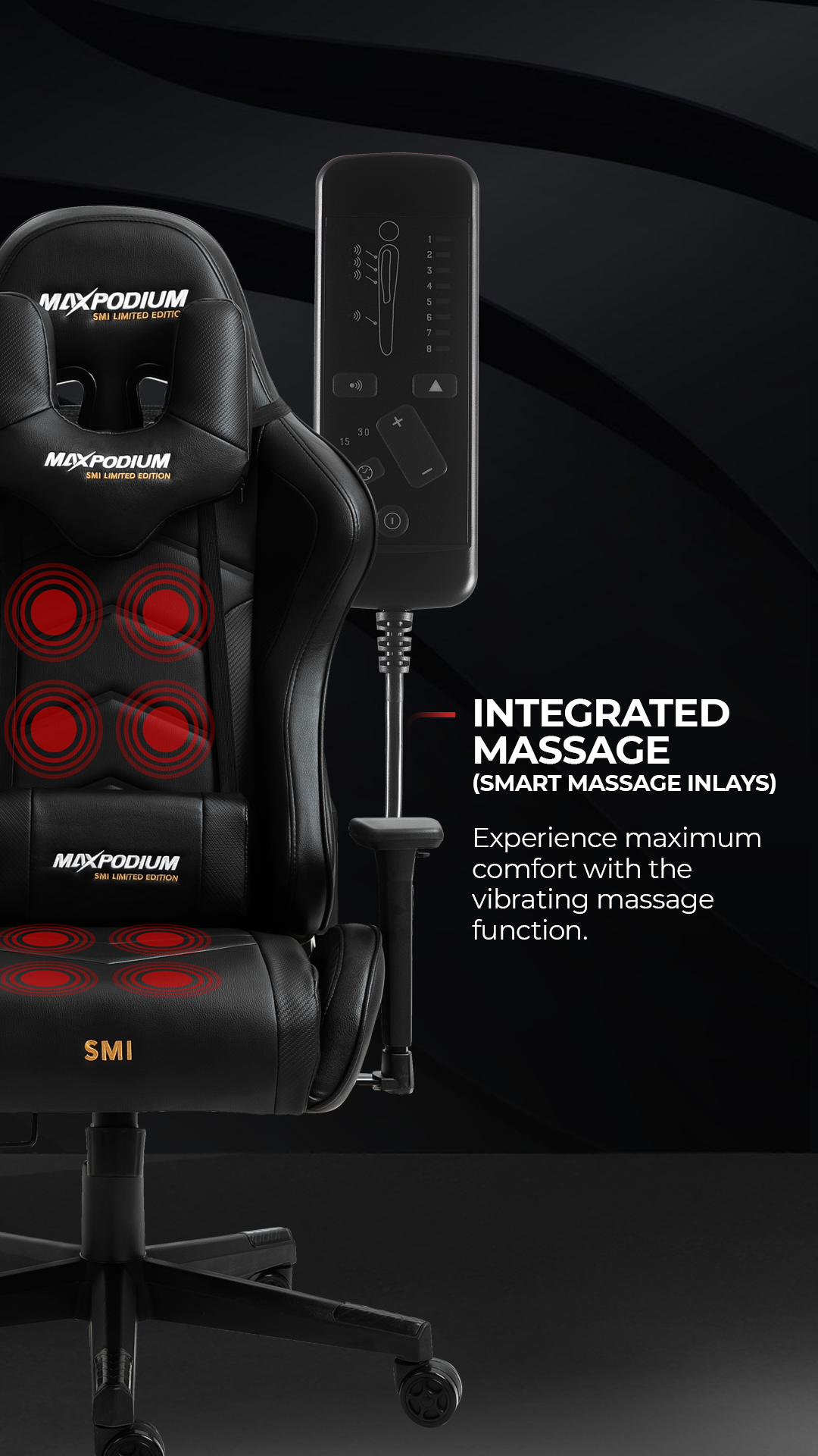 Silla gaming negra con puntos de masaje rojos y mando. El texto dice 'Integrated Massage' y 'SMI Limited Edition'.