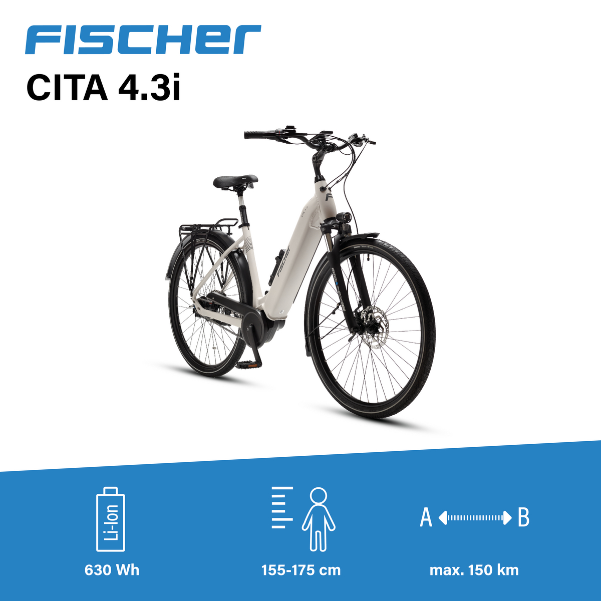 Ein weißes Elektrofahrrad mit schwarzen Reifen und Akzenten. Das Fahrrad steht vor weißem Hintergrund. Text enthält Marke und Spezifikationen.