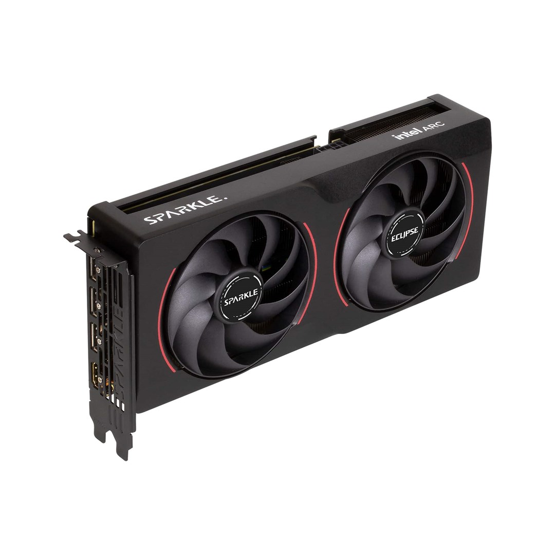 Czarna karta graficzna z dwoma wentylatorami, czerwonymi akcentami i nazwami 'Sparkle' oraz 'Eclipse'.