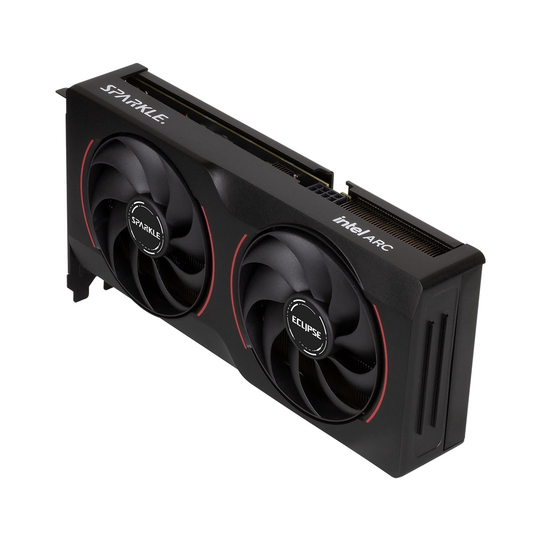 Czarna karta graficzna Intel ARC Eclipse Sparkle z dwoma wentylatorami, czerwonymi akcentami i nazwami Sparkle i Eclipse.