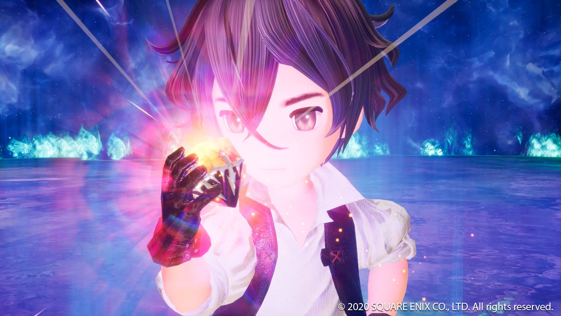 Postać trzyma świecący kryształ. Fioletowe włosy i biała koszula. Tło ma niebieską i fioletową, fantastyczną scenerię wodną.