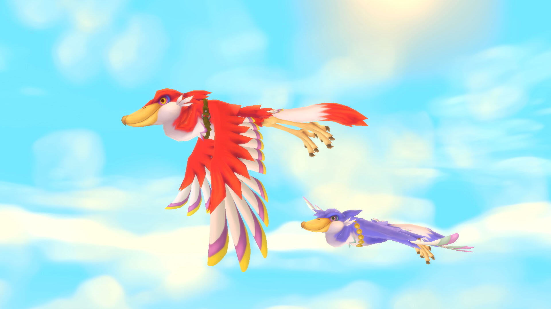 Dwa ptakopodobne stworzenia lecą na błękitnym niebie. Jeden jest czerwono-biały, drugi fioletowo-niebieski. Oboje mają żółte dzioby.