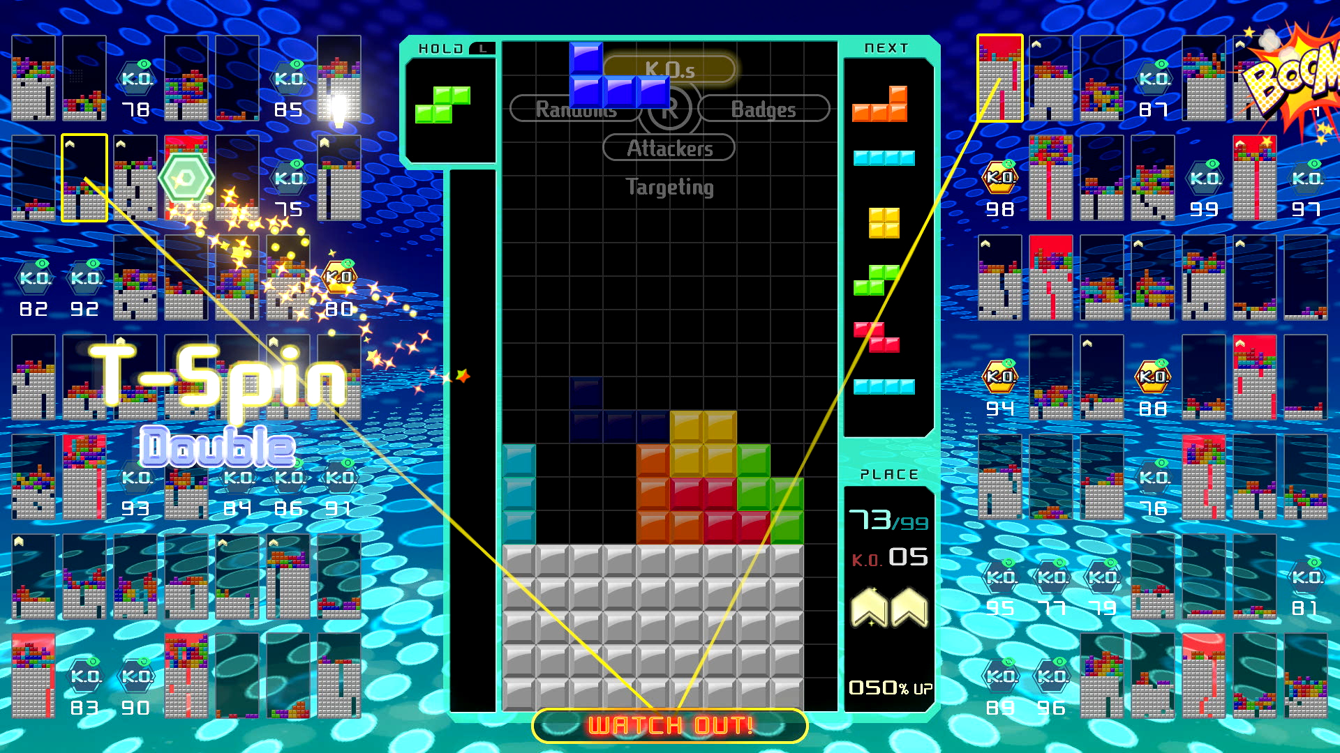 Schermata di gioco di Tetris con blocchi, punteggi e bonus 'T-Spin Double'. Sono visibili anche le plance di altri giocatori.