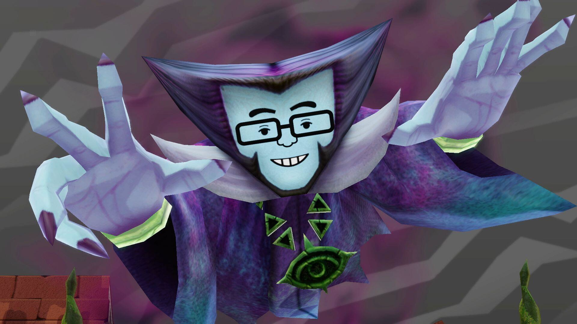 Postać z kreskówki w okularach i fioletowej pelerynie. Ma bladoniebieską skórę i wyciągnięte ręce. Tło jest rozmyte fioletowe.