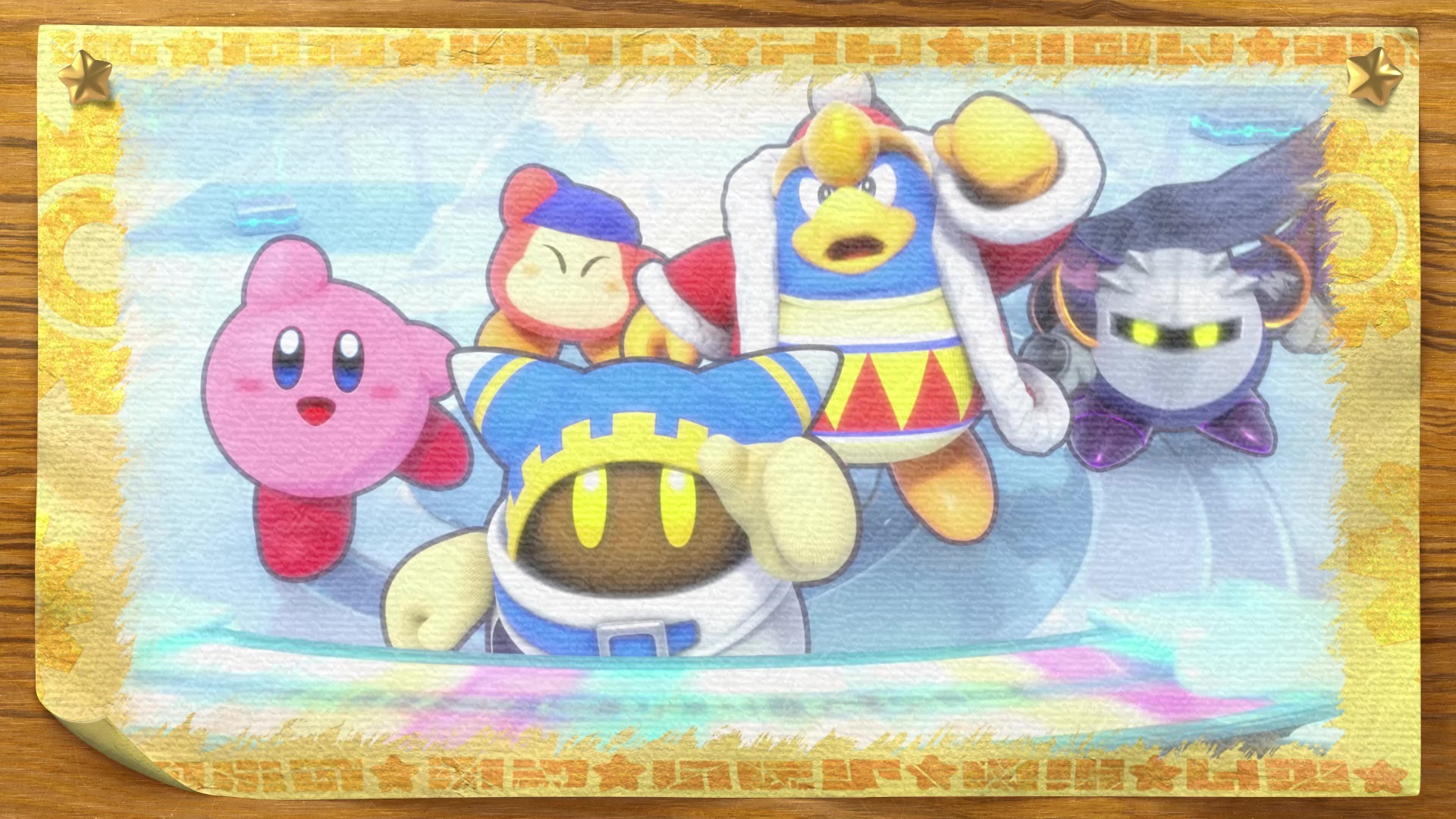 La imagen presenta a Kirby y sus amigos. Personajes coloridos agrupados sobre fondo azul claro, dentro de una imagen enmarcada.