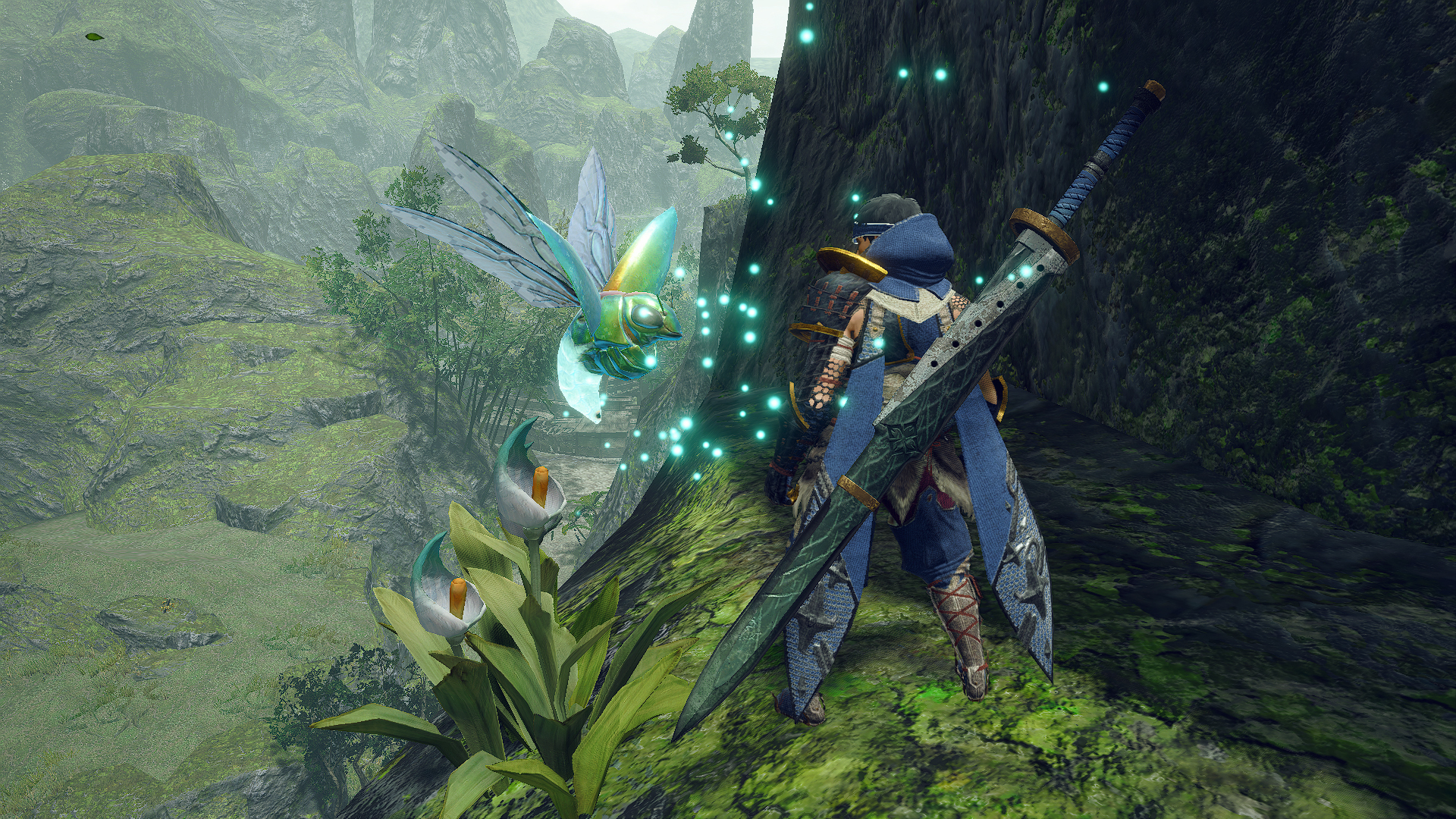 Un personaje con armadura azul está de pie con una espada grande, mirando a un gran insecto brillante. Flores y montañas en el fondo.