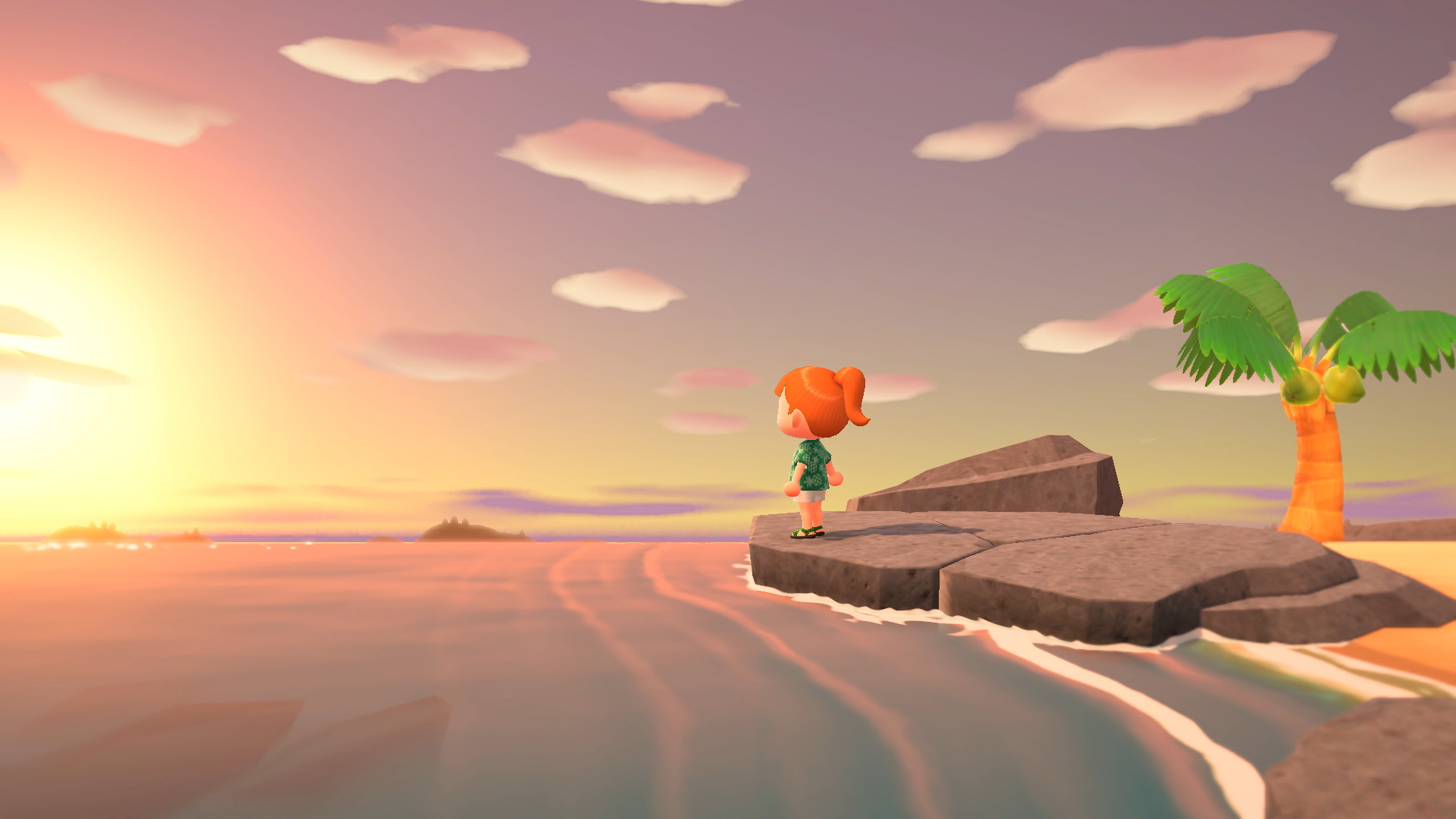 Un personaje está de pie sobre una roca, mirando al mar al atardecer. Hay una palmera a la derecha. El cielo es naranja y morado.