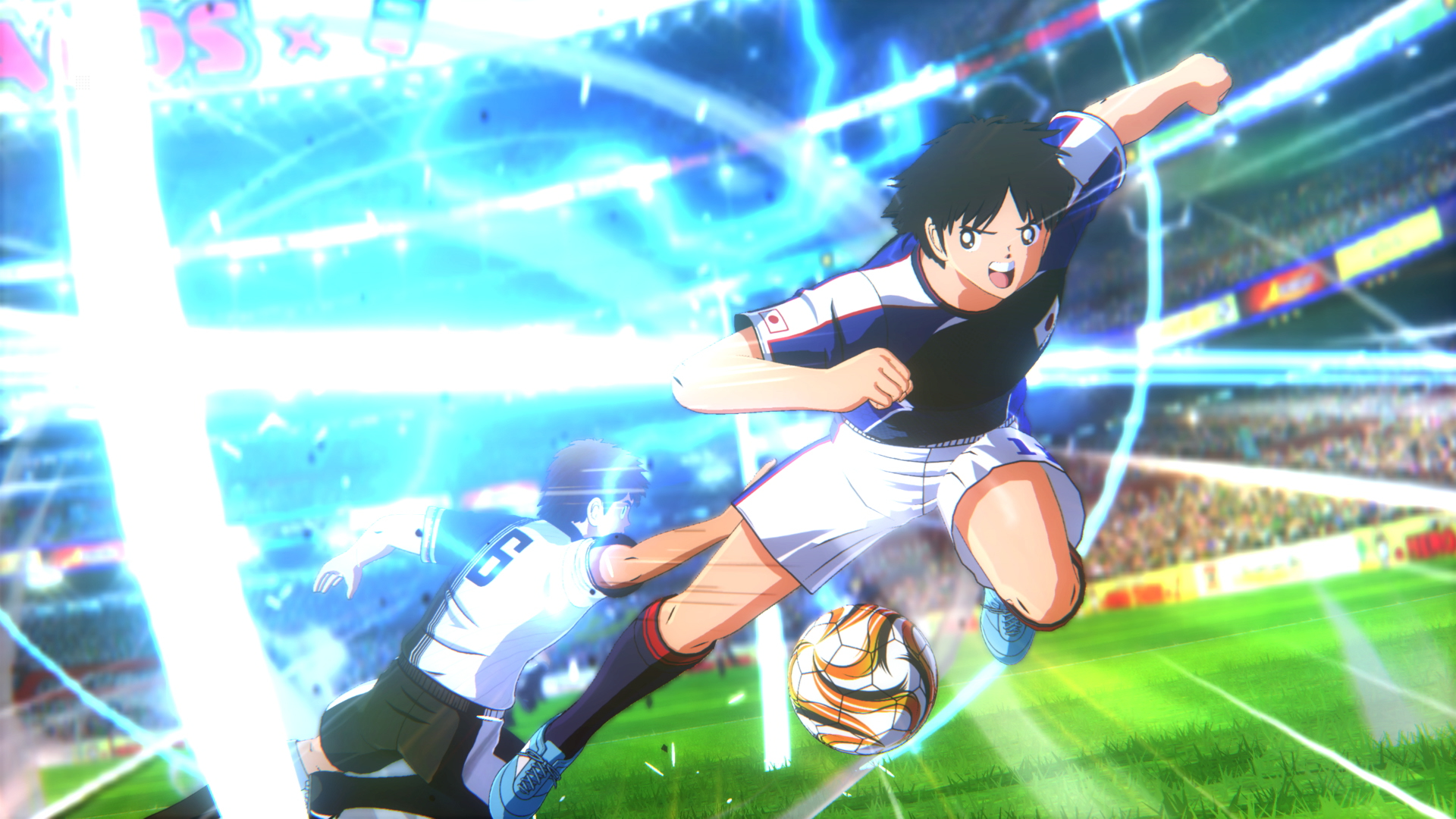 Anime-Fußballszenen. Ein Spieler in Blau tritt den Ball. Ein anderer Spieler in Weiß rutscht. Stadionhintergrund.