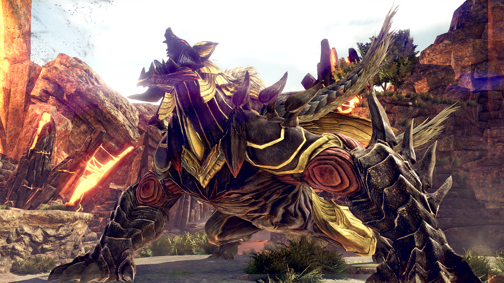 Duże, kolczaste zwierzę ze złotymi akcentami stoi w skalistym krajobrazie. Stwór jest ciemny z czerwonymi i złotymi detalami.