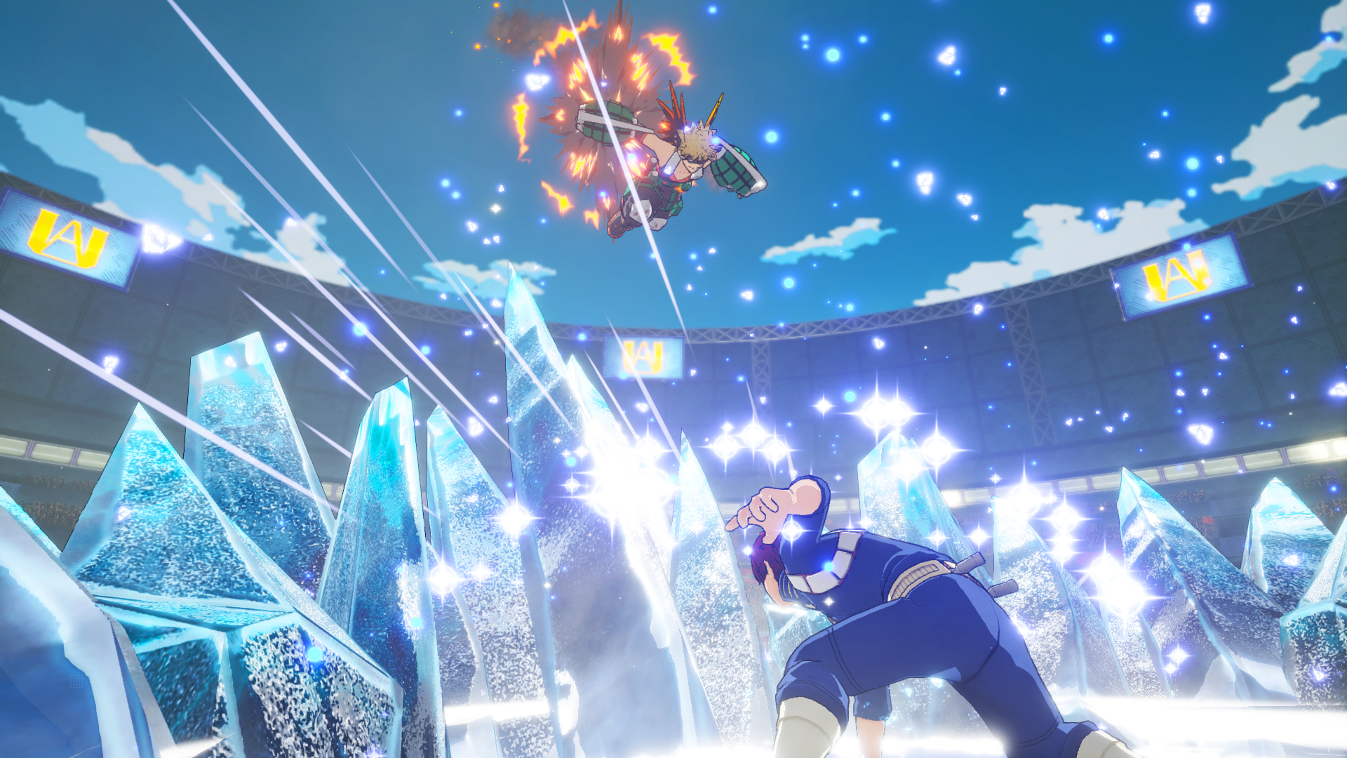 Dwie postacie z anime w walce. Jedna jest w powietrzu z efektami eksplozji. Druga jest na ziemi, tworząc kryształy lodu.