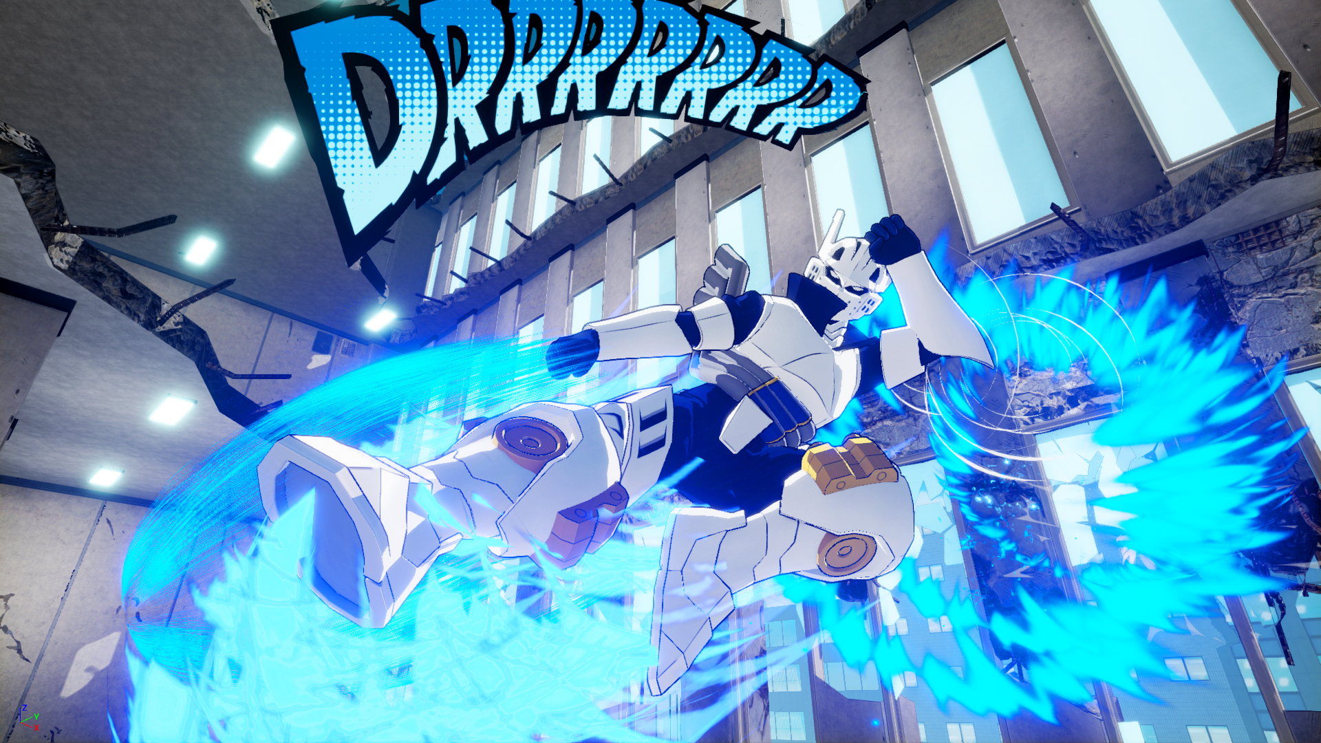 Postać w biało-niebieskiej zbroi atakuje niebieską energią w mieście. Budynki w tle.