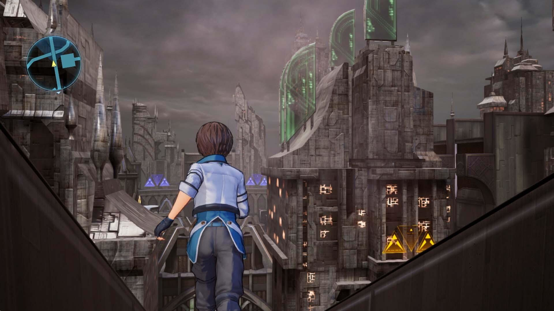 Osoba patrzy na futurystyczne miasto z wysokimi budynkami i ikoną mapy. Niebo jest pochmurne.