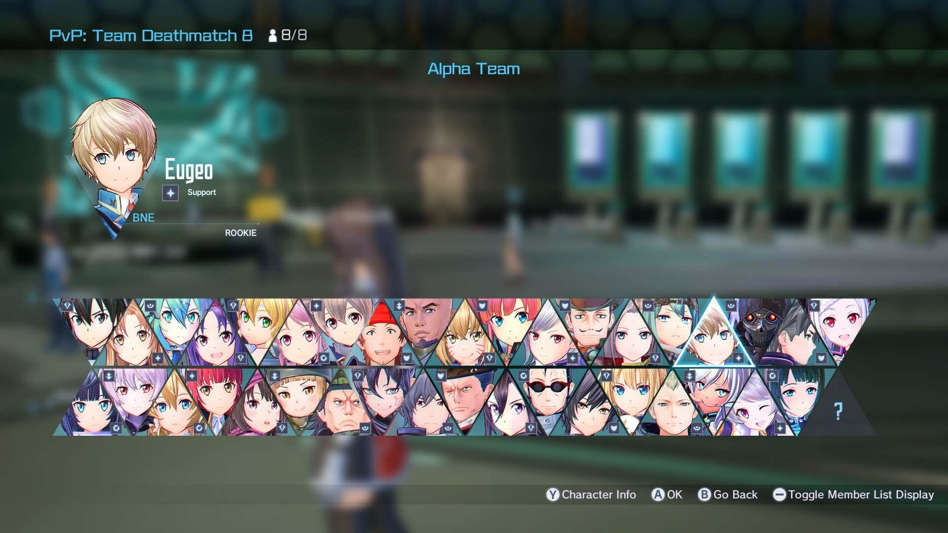 Interfejs gry z portretami postaci. Tekst zawiera 'Eugeo', 'Support' i 'Rookie'. Widoczny jest 'Alpha Team'.