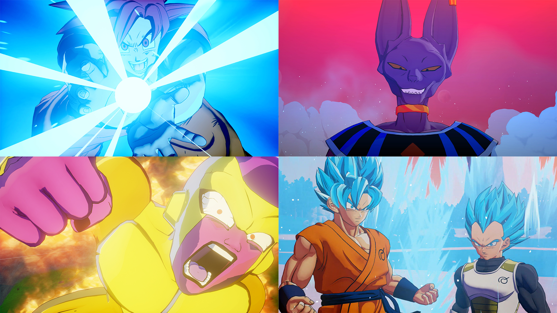L'immagine presenta quattro pannelli: Goku carica energia, Beerus con un sorriso, Freezer che urla, Goku e Vegeta con capelli blu.