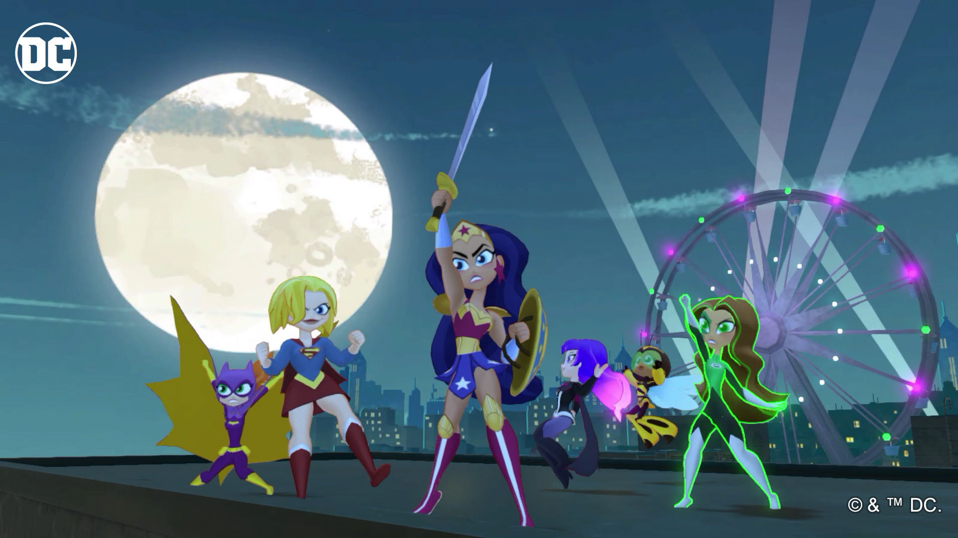 DC Super Hero Girls na dachu w nocy. Wonder Woman trzyma miecz. Supergirl, Batgirl i inne są gotowe. W tle diabelski młyn.