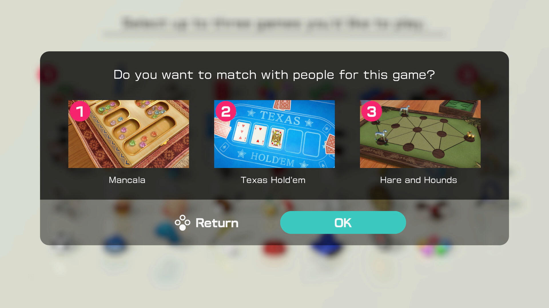 Ekran wyboru gry z opcjami Mancala, Texas Hold'em i Hare and Hounds. Użytkownik może dopasować się.