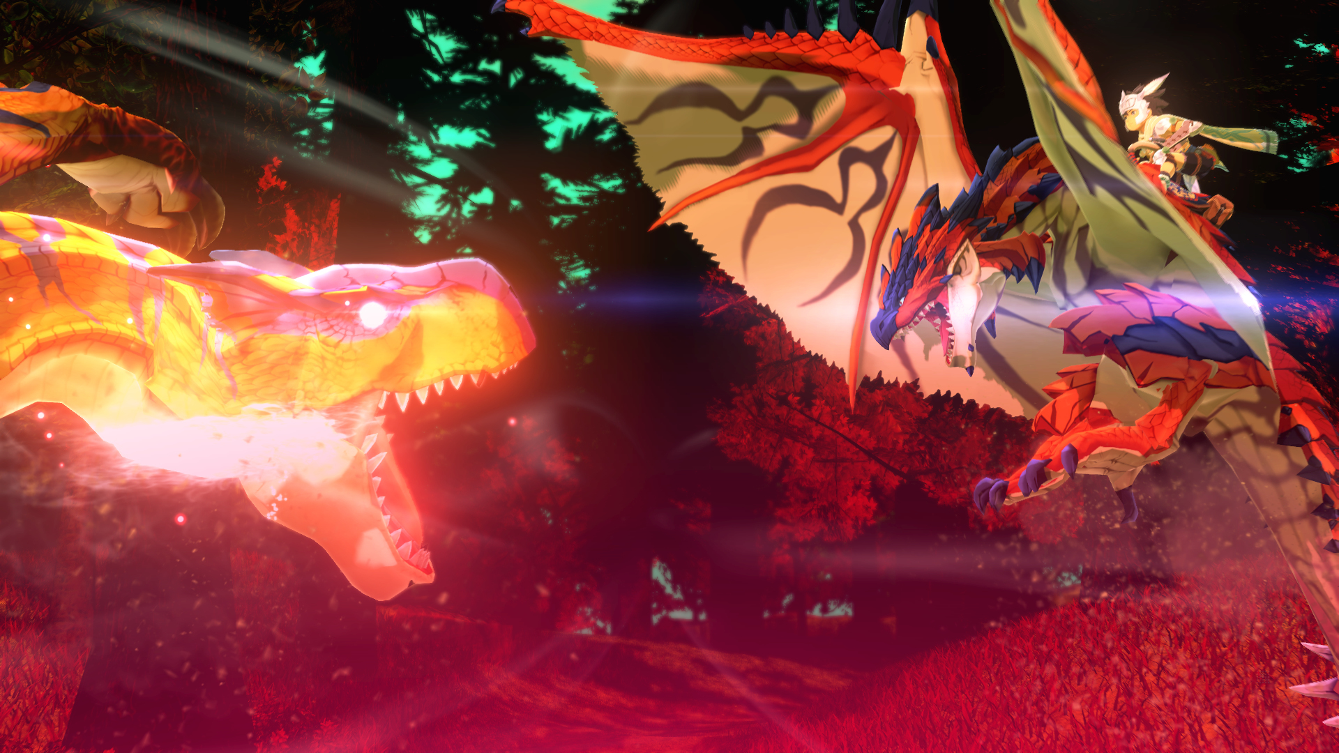 Zwei Drachen im Kampf, einer gelb und der andere rot, mit einem Reiter. Waldboden, rote und grüne Farbtöne.