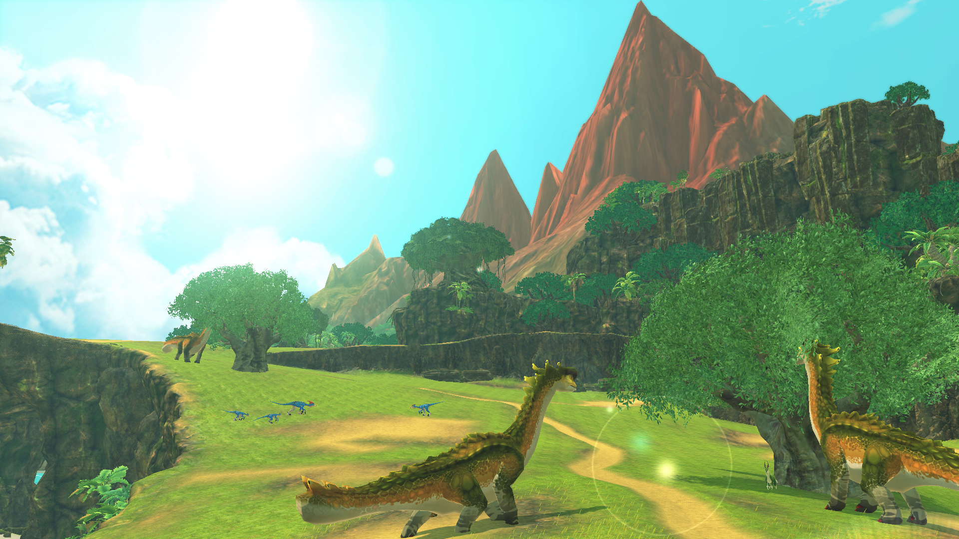Eine sonnige Landschaft mit Dinosauriern und Bergen. Grüne Dinos laufen auf dem Gras. Blauer Himmel und Wolken. Bäume und ein Pfad sind sichtbar.
