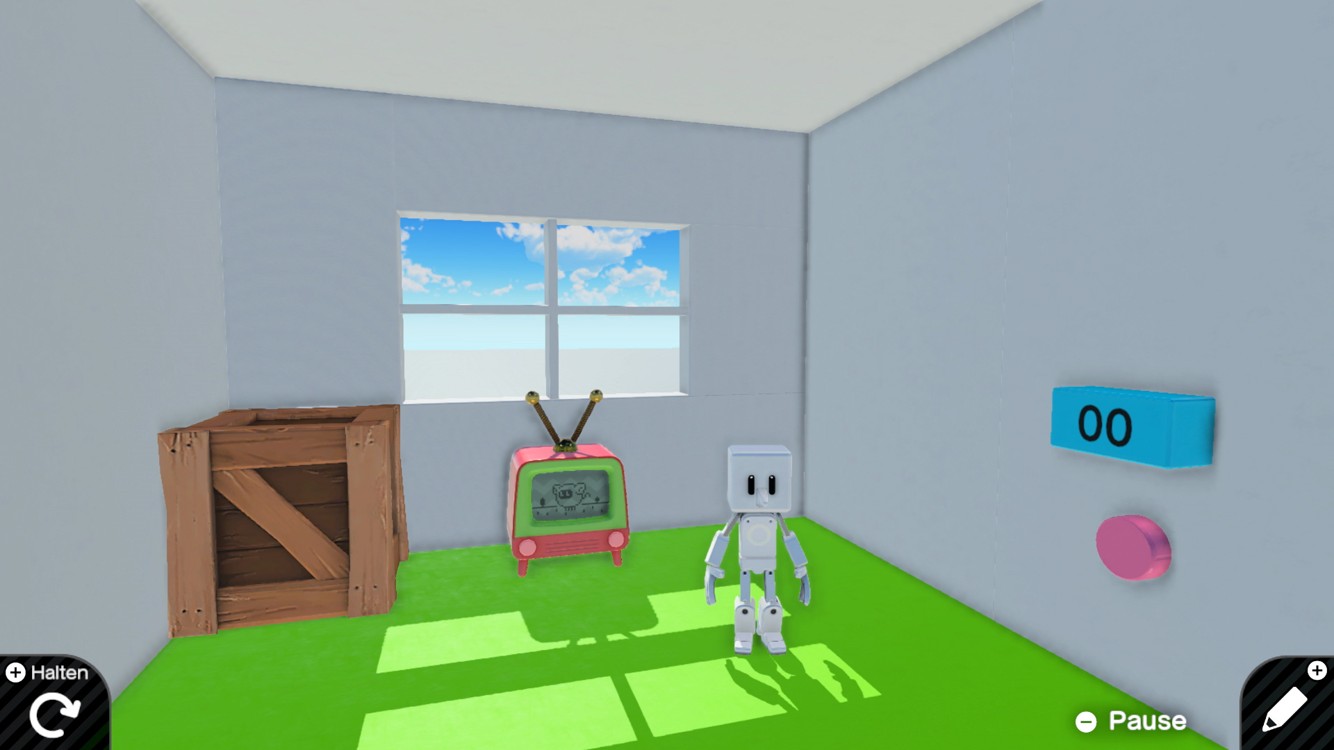 Ein Raum mit einem Roboter, einem Fernseher, einer Holzkiste und einem Fenster mit blauem Himmel. An der Wand steht die Zahl '00'.