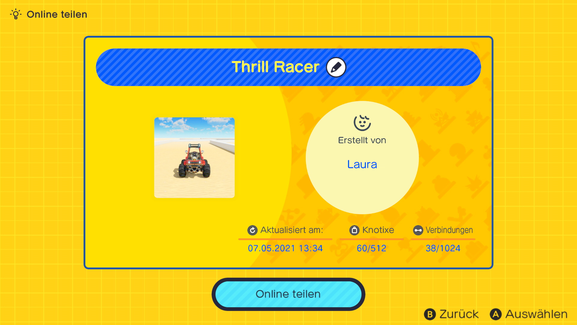 Spieloberfläche mit rotem Fahrzeugbild, Titel 'Thrill Racer'. Sie zeigt Ersteller Laura und Verbindungsstatistiken.