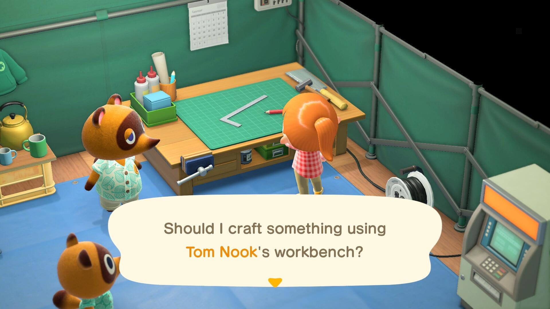 Un personaje está cerca de un banco de trabajo con herramientas. Tom Nook pregunta si se debe crear algo. Otros personajes están presentes.