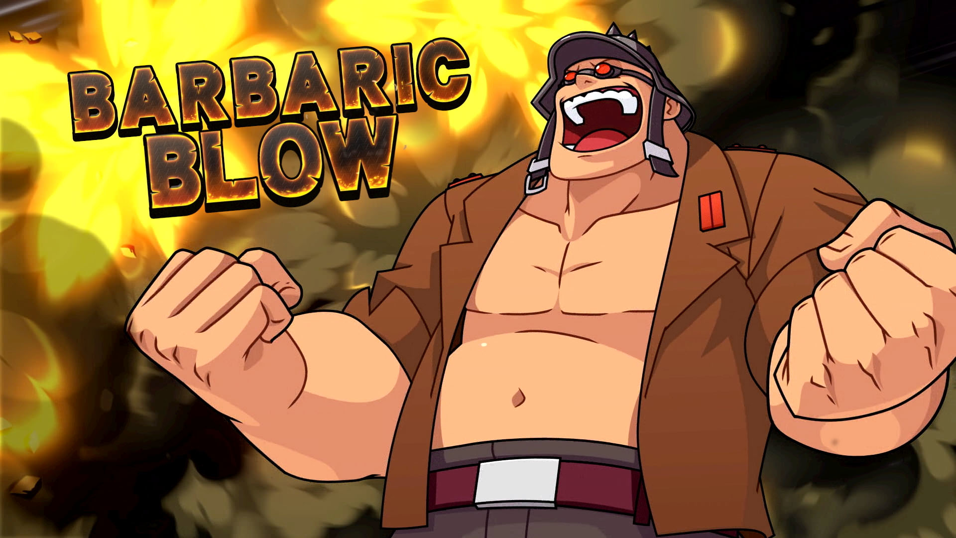 Illustration eines muskulösen Mannes mit Hut und Brille, der schreit. Die Worte 'BARBARIC BLOW' stehen oben links.