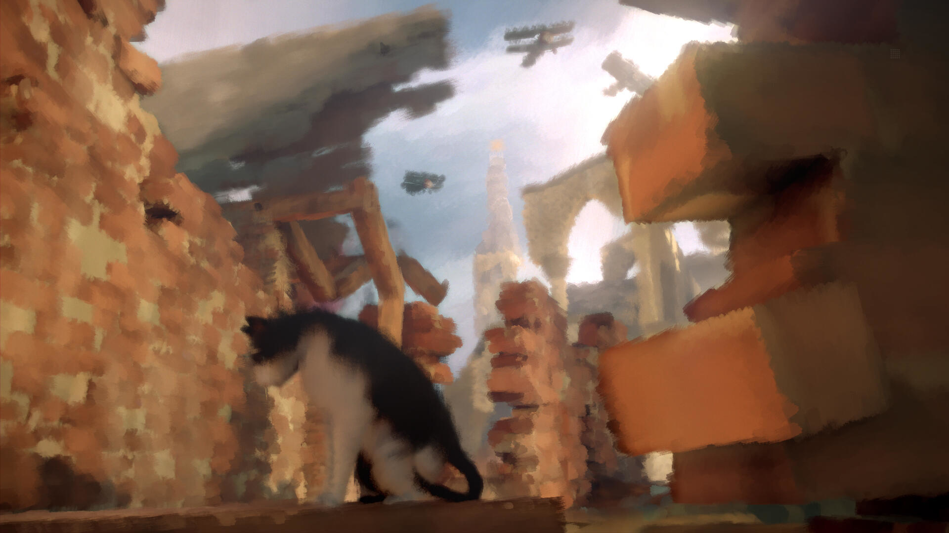 Un gatto bianco e nero è in rovina. Aerei e una torre sullo sfondo. La scena è arancione e blu.