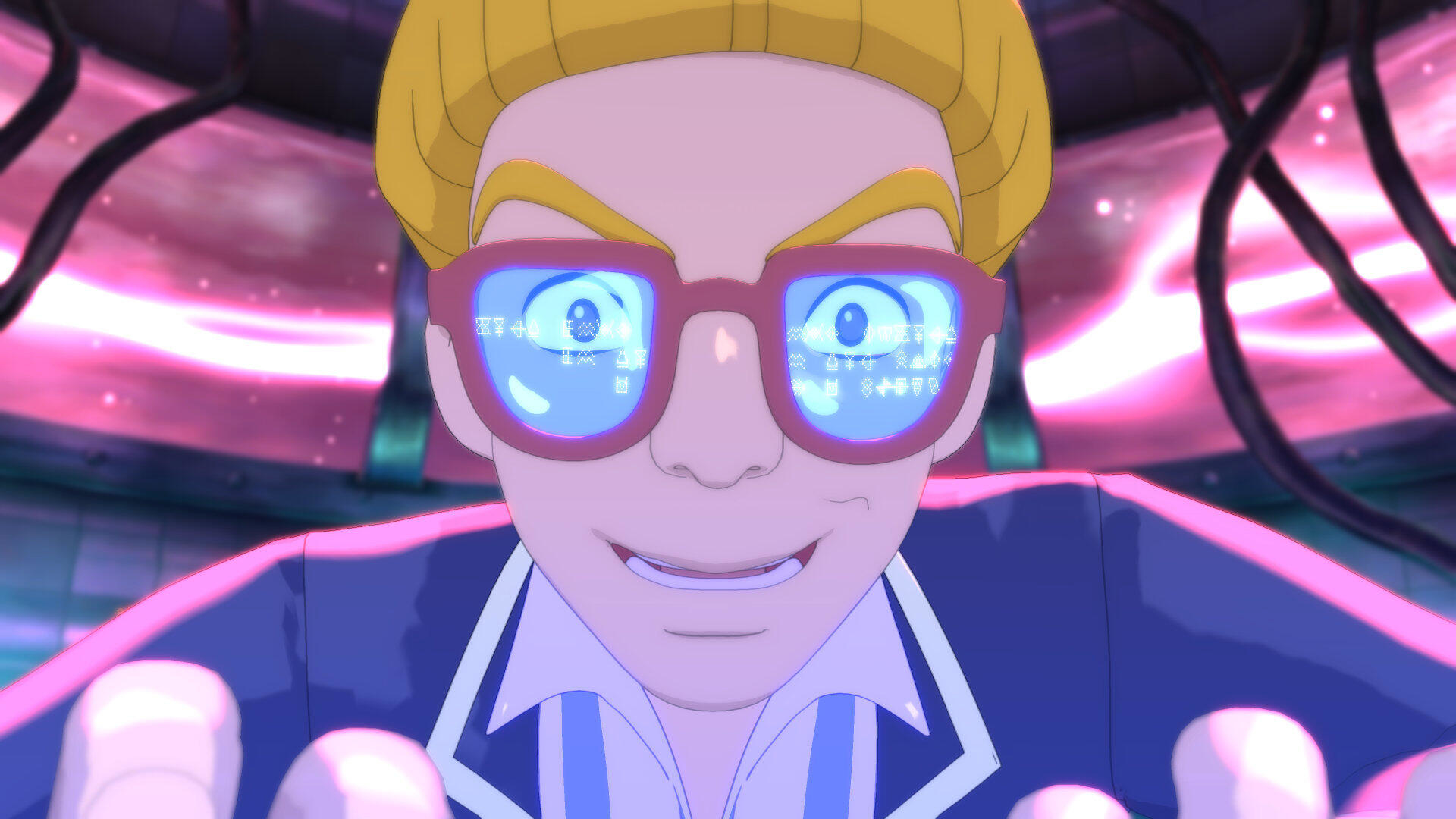 Zbliżenie mężczyzny z blond włosami i czerwonymi okularami. Okulary odbijają symbole. Uśmiecha się. Różowe i fioletowe tło.