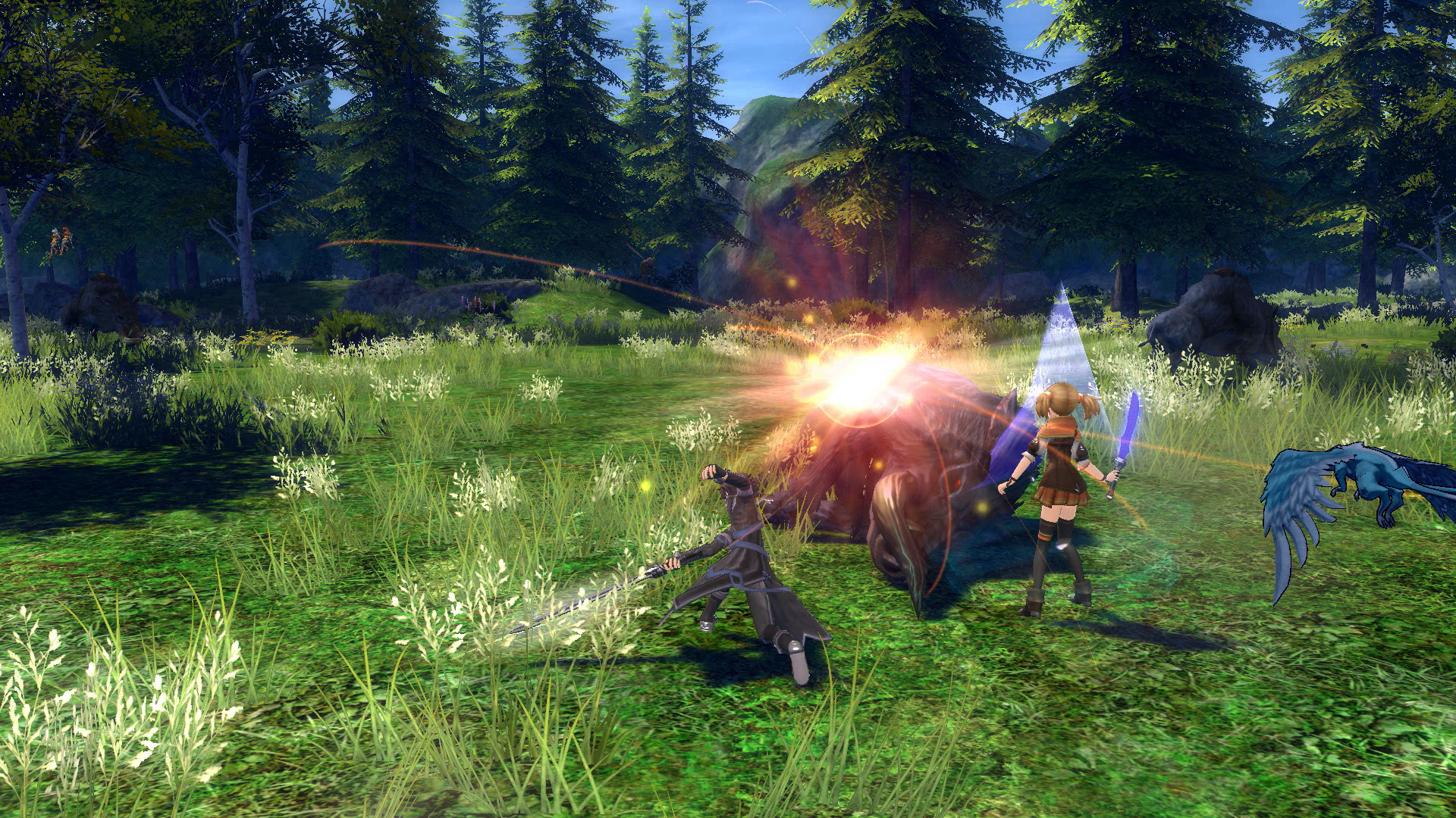 Una scena di battaglia fantasy con personaggi che brandiscono spade contro una grande creatura luminosa in un ambiente forestale.