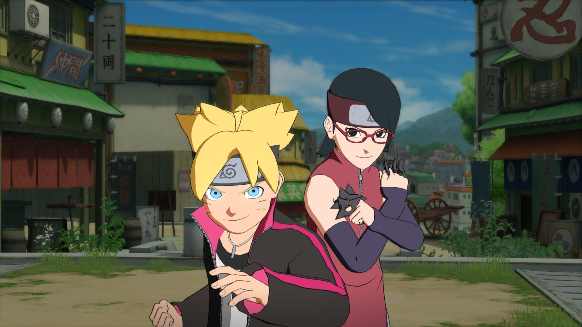 Anime-Charaktere Boruto und Sarada posieren zusammen in einem Dorf. Boruto hat blondes Haar, Sarada trägt eine Brille und hält Shuriken.