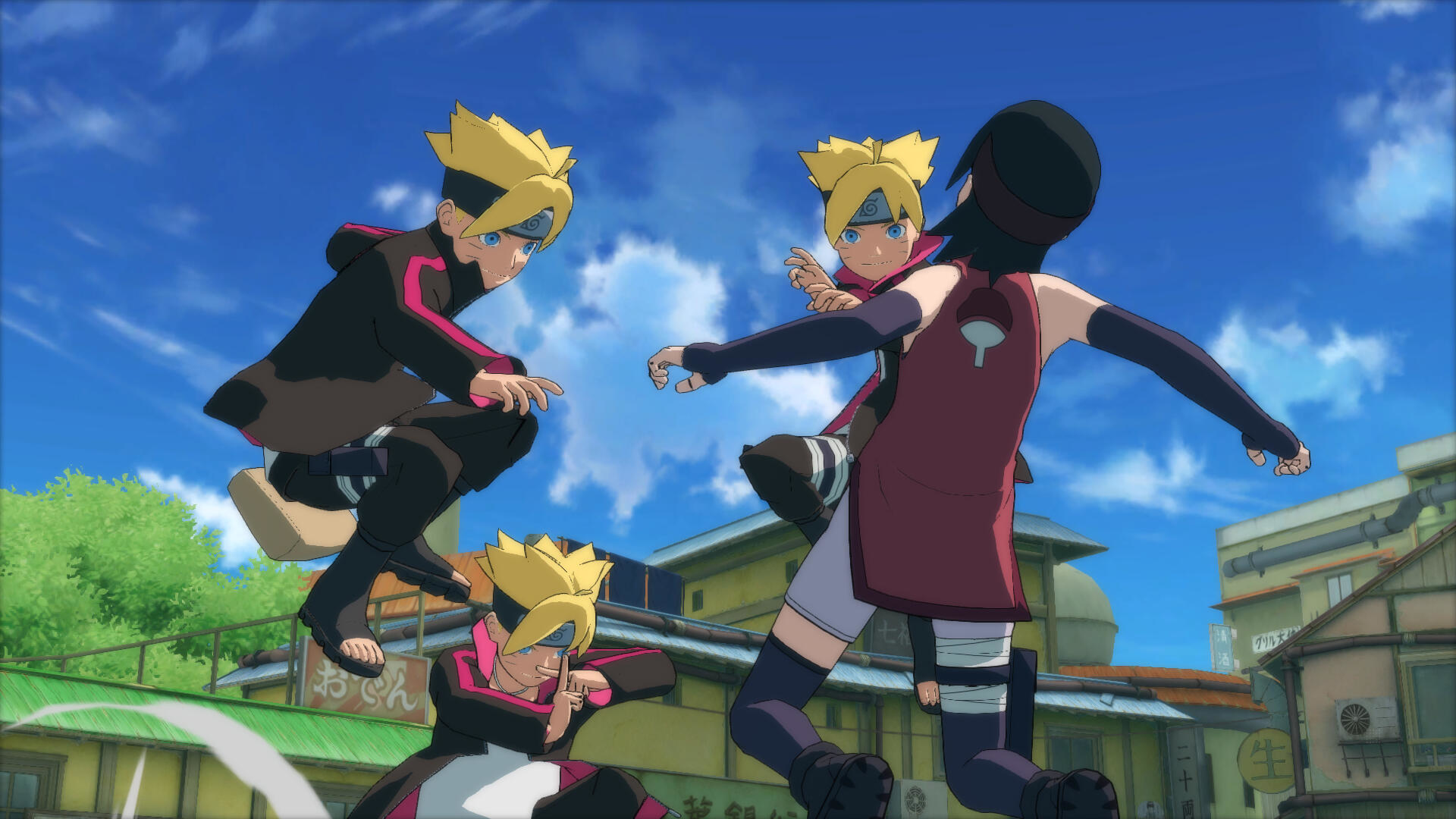 Anime-Szene mit drei Figuren in Actionposen, blauer Himmel im Hintergrund. Charaktere mit gelben Haaren und dunklen Outfits.
