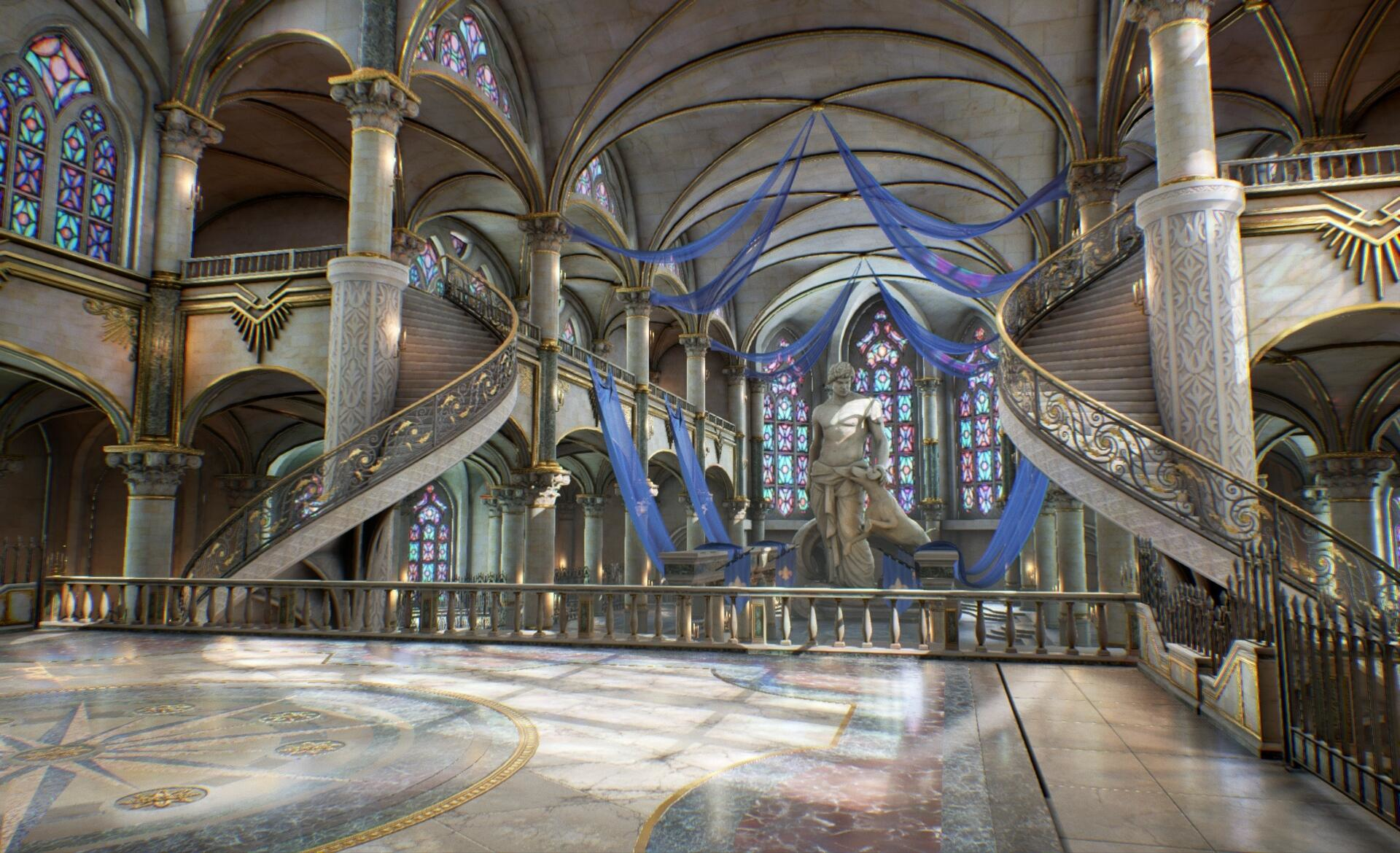 Ozdobne wnętrze katedry ze witrażami, posągiem i krętymi schodami. Niebieskie zasłony zwisają z sufitu.
