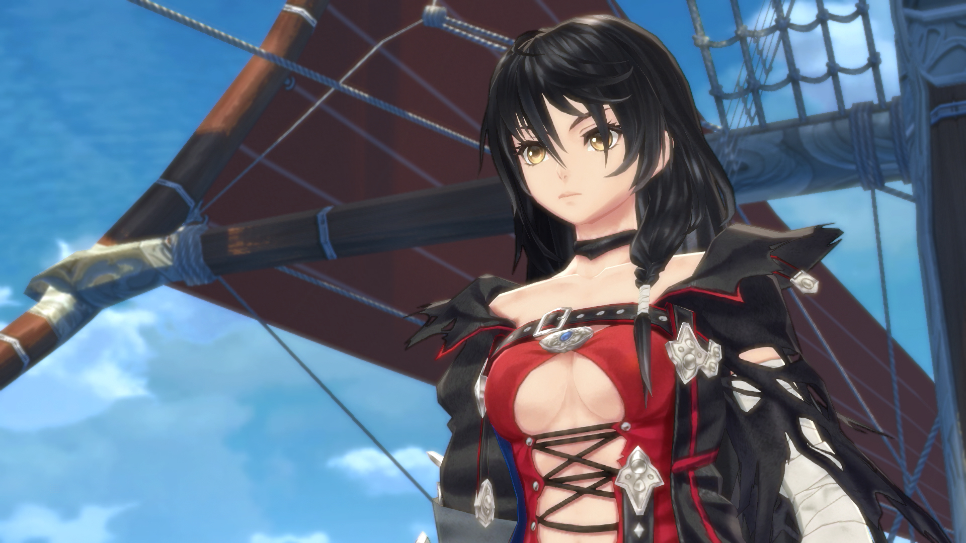 Anime-Frau auf einem Schiff. Sie trägt rote und schwarze Kleidung. Ein Segel und blauer Himmel sind im Hintergrund.