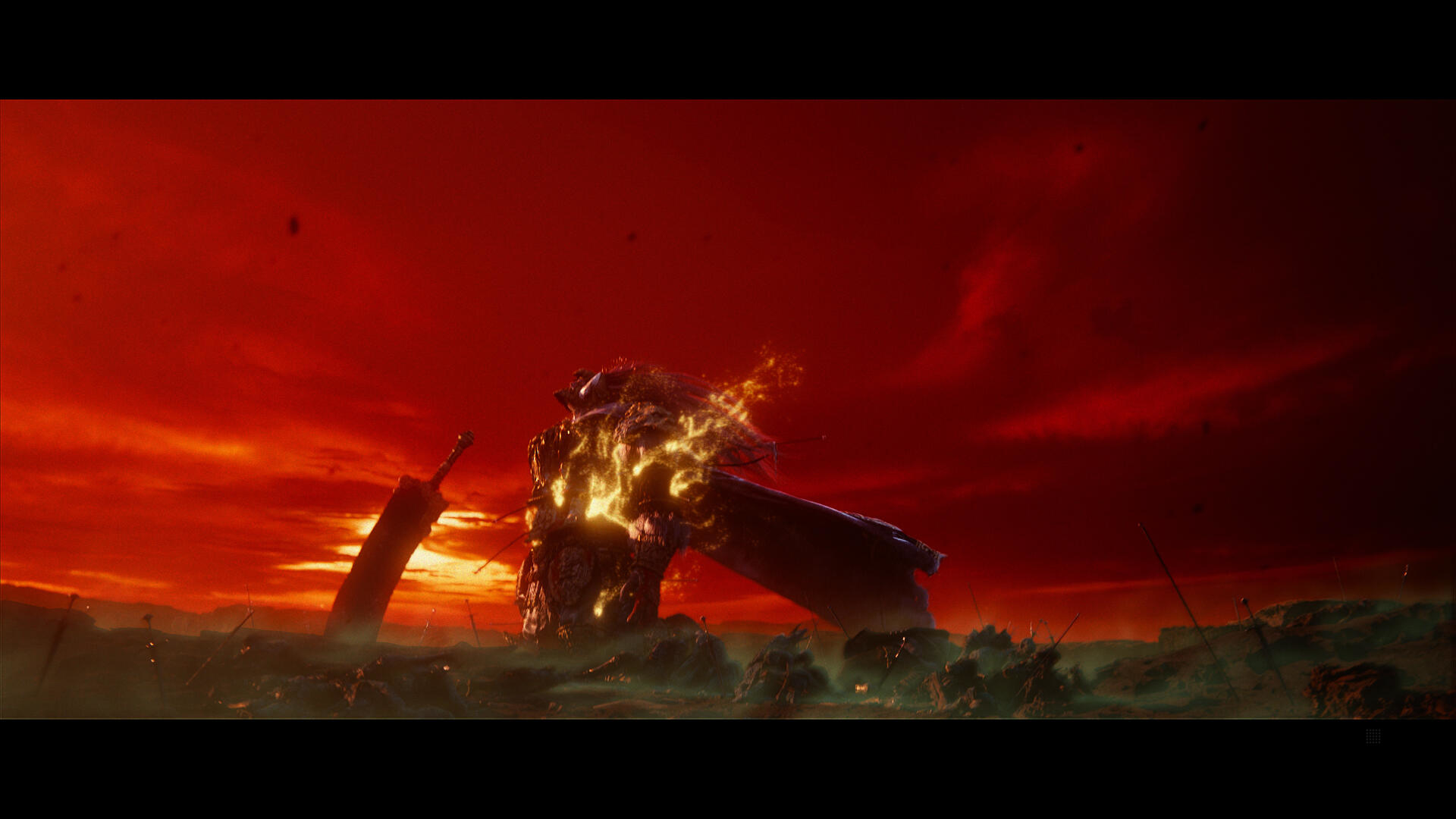 Pustynny krajobraz pod czerwonym niebem. Duży miecz i ognista postać dominują na pierwszym planie.