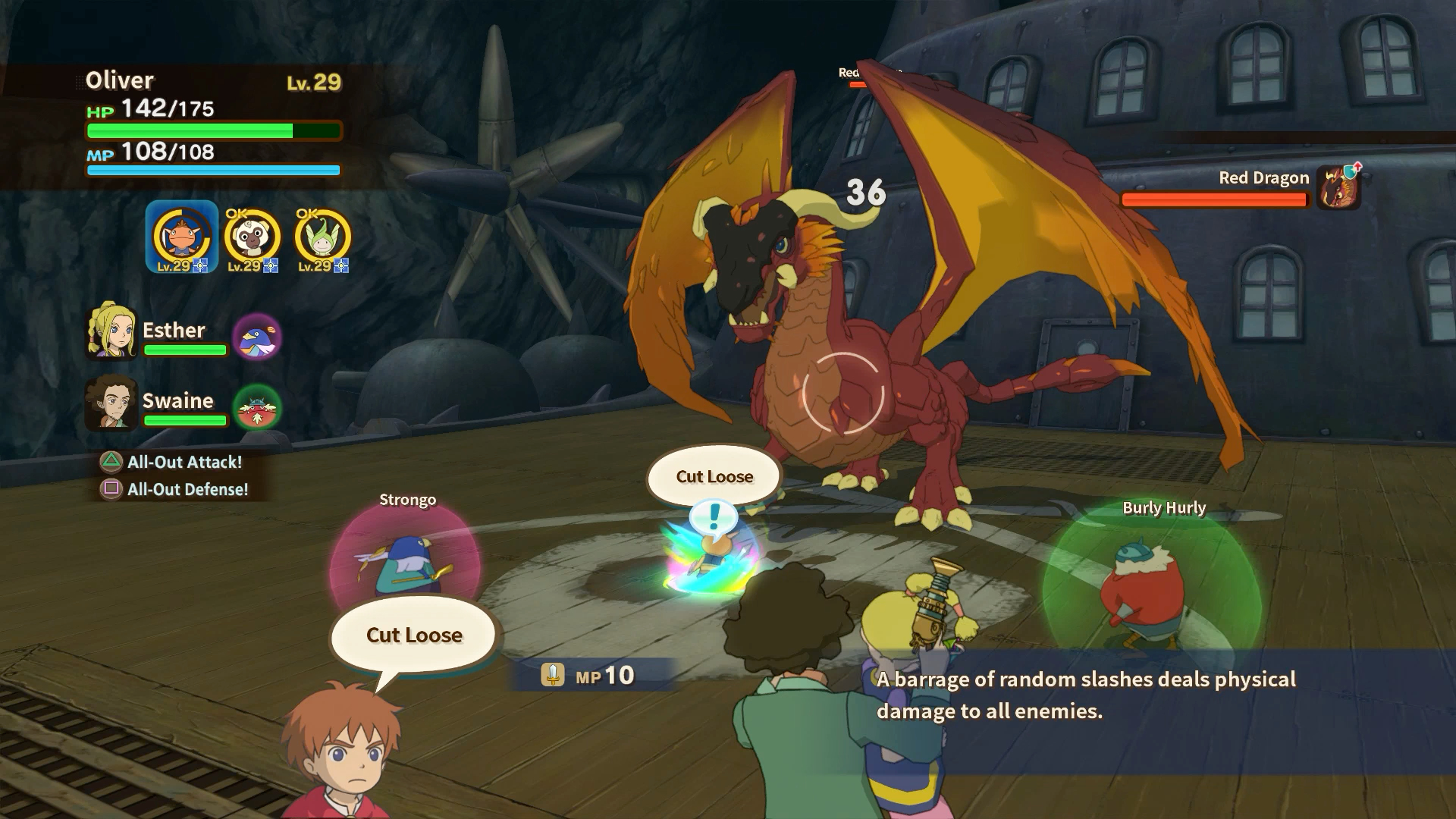 Un drago rosso affronta un gruppo di personaggi in una battaglia di videogiochi. Sono visibili caselle di testo e informazioni sui personaggi.
