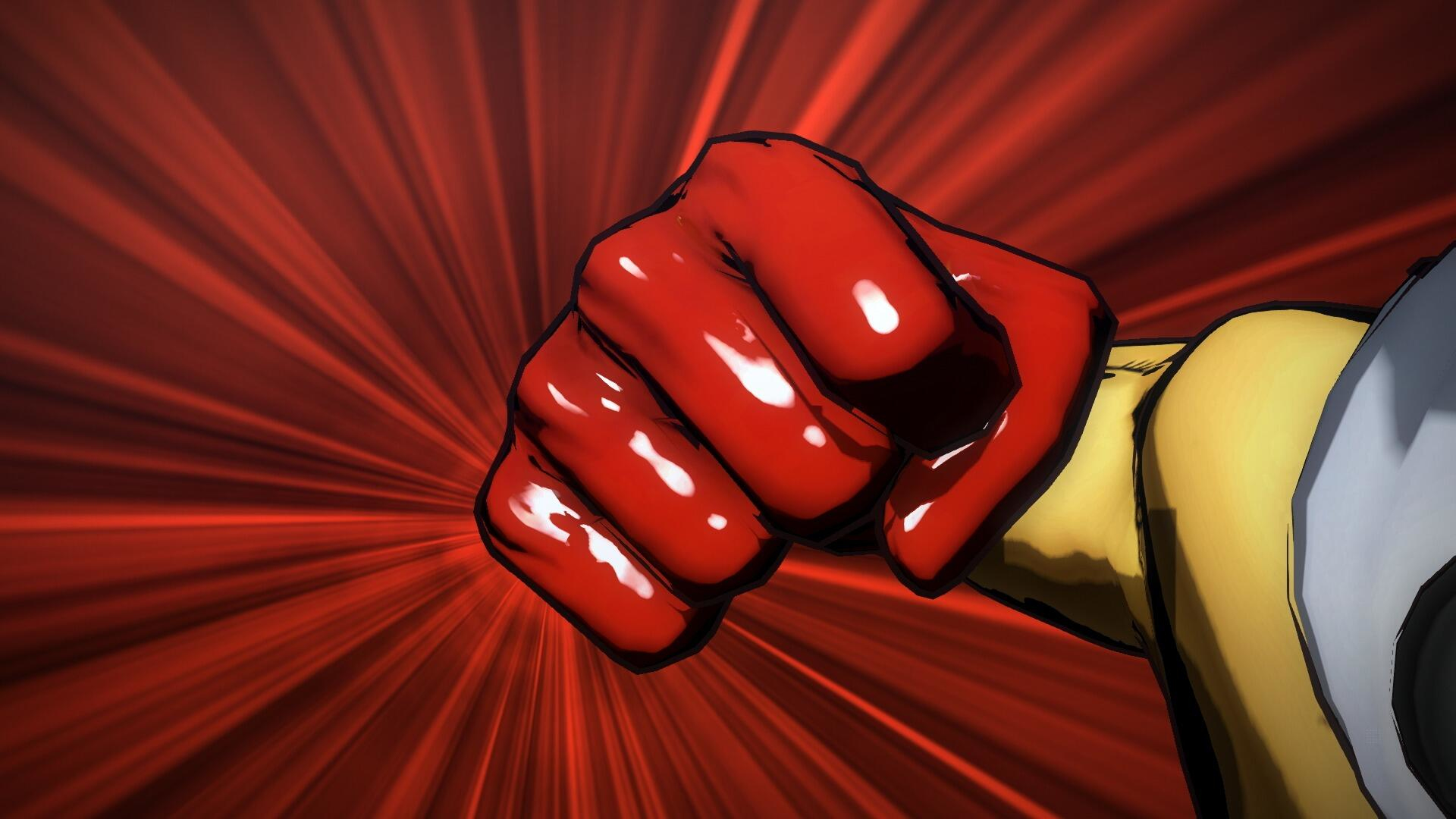 Eine rote Faust ist geballt, mit einem roten radialen Hintergrund. Ein Teil eines gelben Arms ist sichtbar. Die Faust ist glänzend und scheint sich zu bewegen.