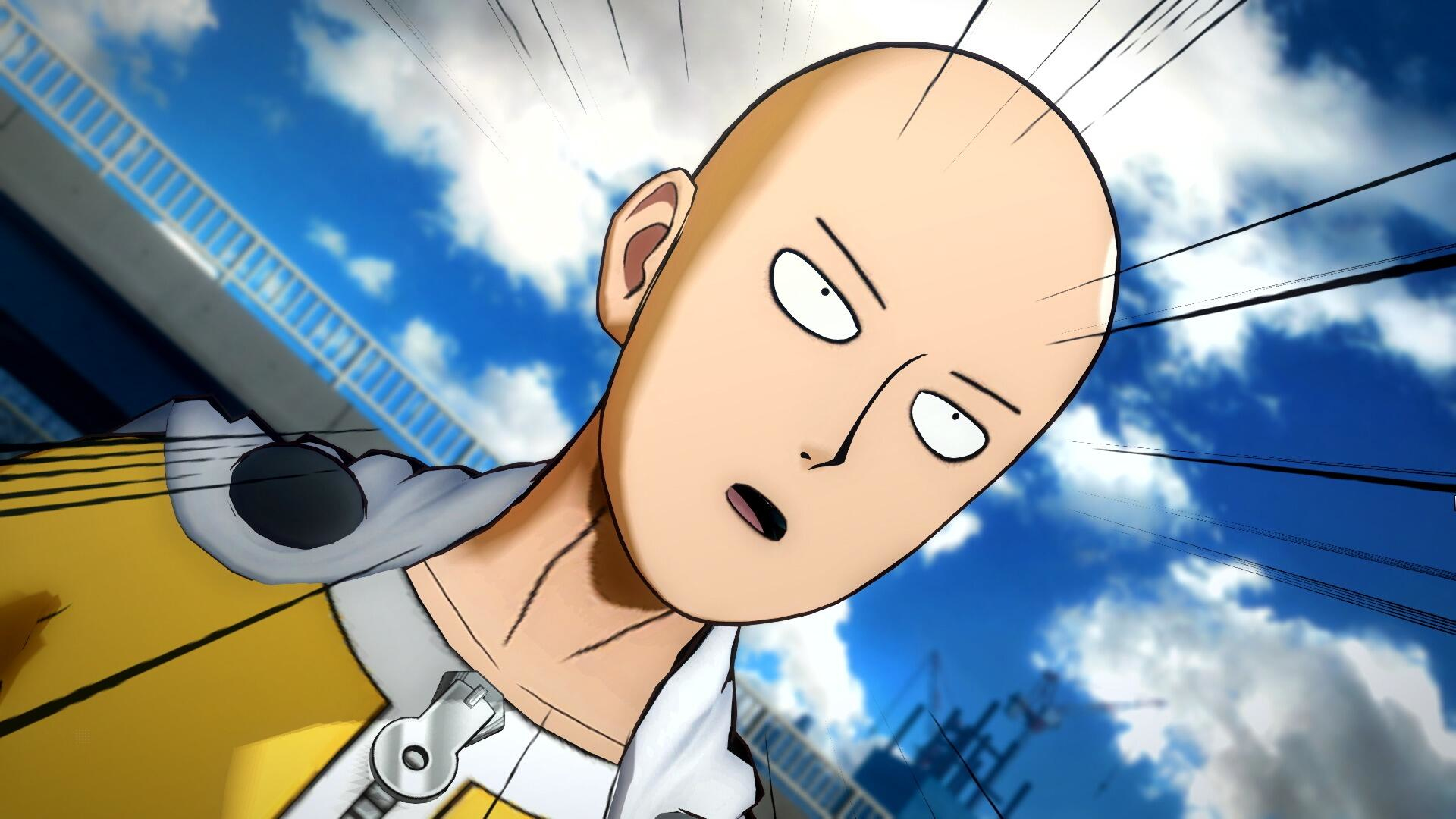 Anime-Figur Saitama mit überraschtem Gesicht, Glatze, weißen Augen, gelbem Anzug und blauem Himmel im Hintergrund.