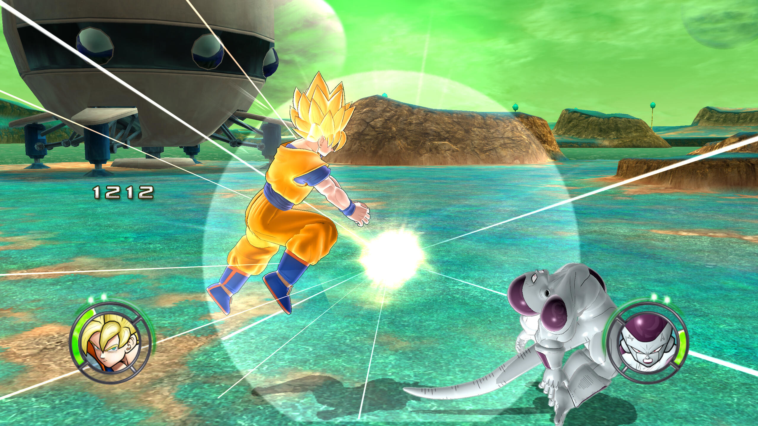 Goku in Super-Saiyajin-Form kämpft gegen Freezer. Energieschläge und eine futuristische Landschaft sind sichtbar. Der Score beträgt 1212.