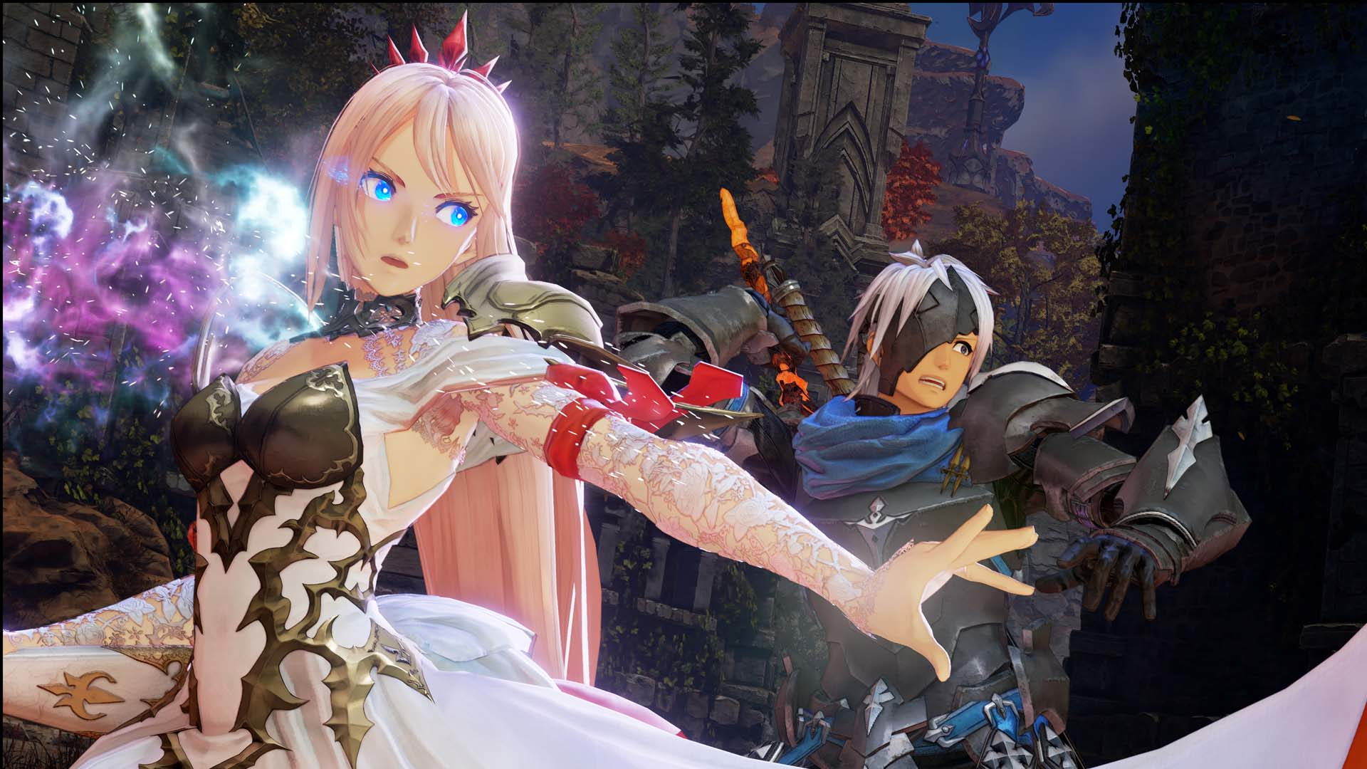 Postacie w stylu anime: kobieta w białej sukni, mężczyzna w zbroi. Otaczają ich magiczne efekty. Las i kamienna konstrukcja w tle.