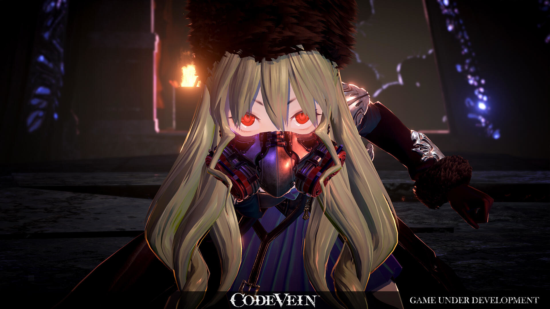 Anime-Figur mit roten Augen und Maske, trägt einen Pelzhut. Dunkler Hintergrund mit einer Fackel und dem Code Vein-Logo.